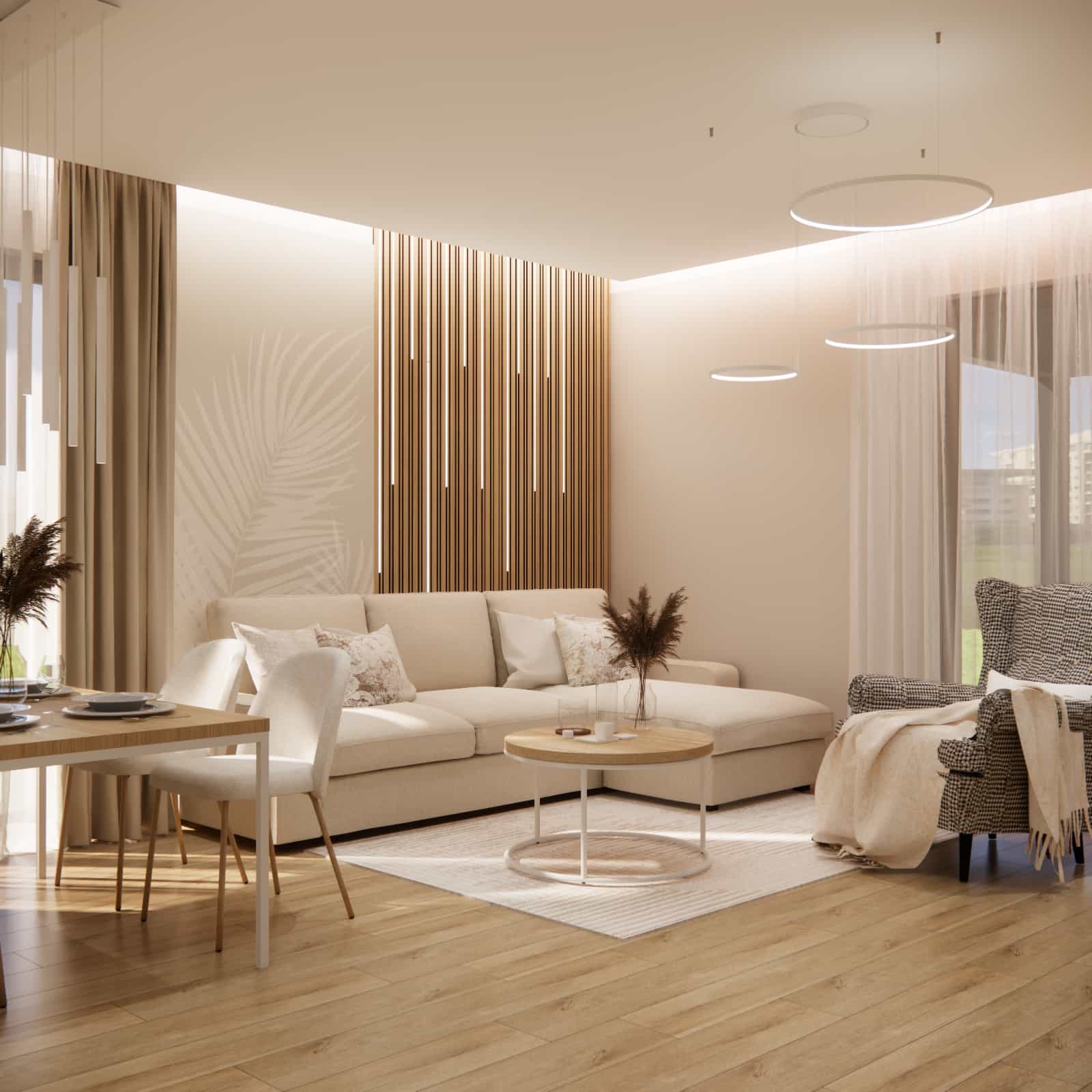 Jasny salon z beżowym narożnikiem, lamelami LED i naturalnym drewnem w aranżacji 31m2.