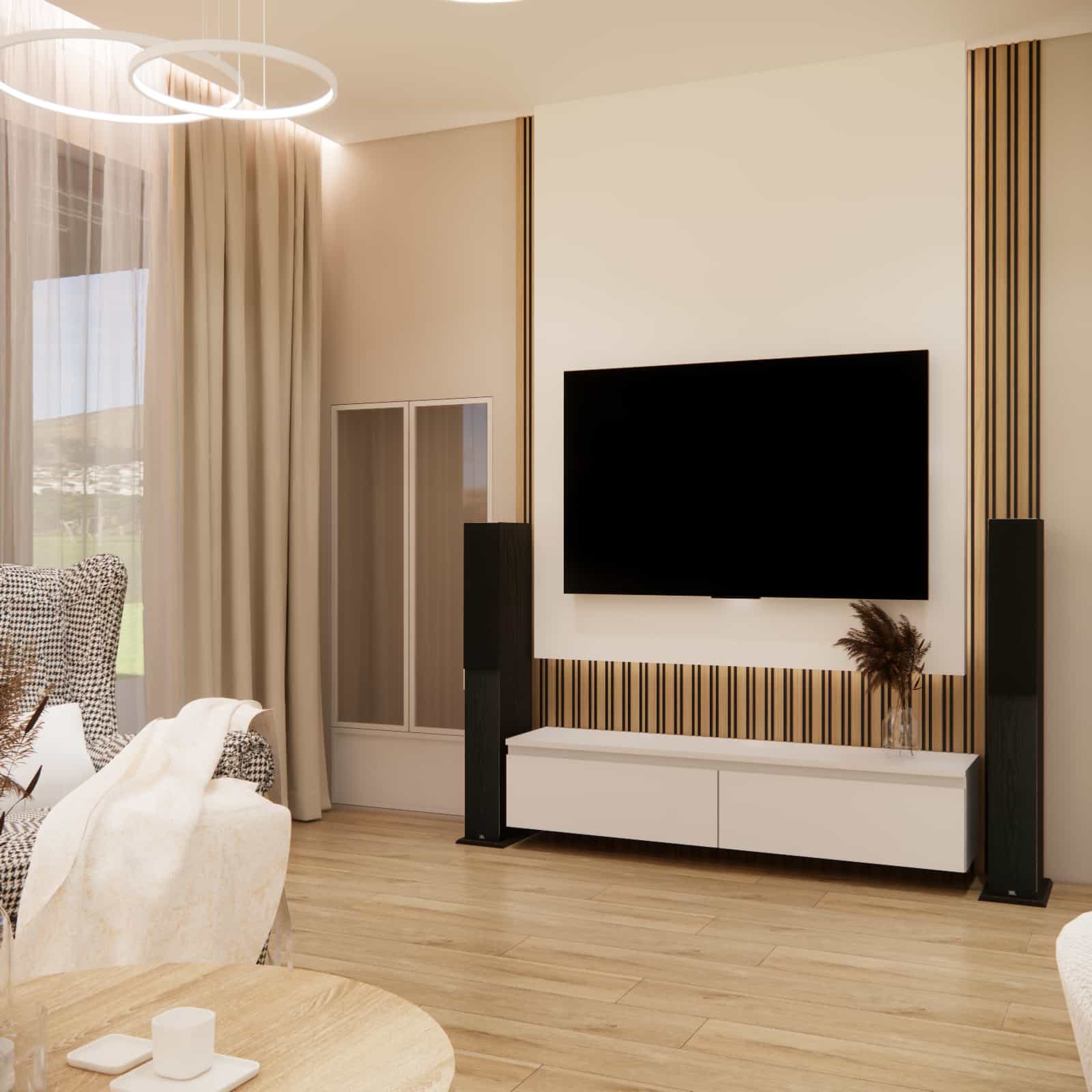 Minimalistyczna strefa RTV z lamelami i dużym telewizorem w aranżacji salonu 31m2.