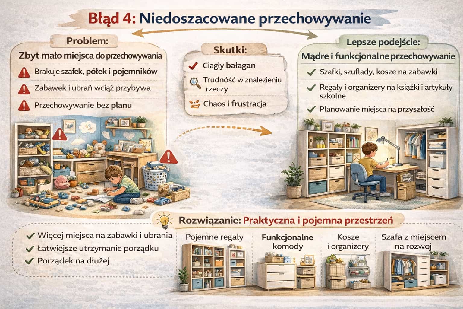Pojemna zabudowa i przechowywanie zaplanowane w budżecie pokoju dziecka