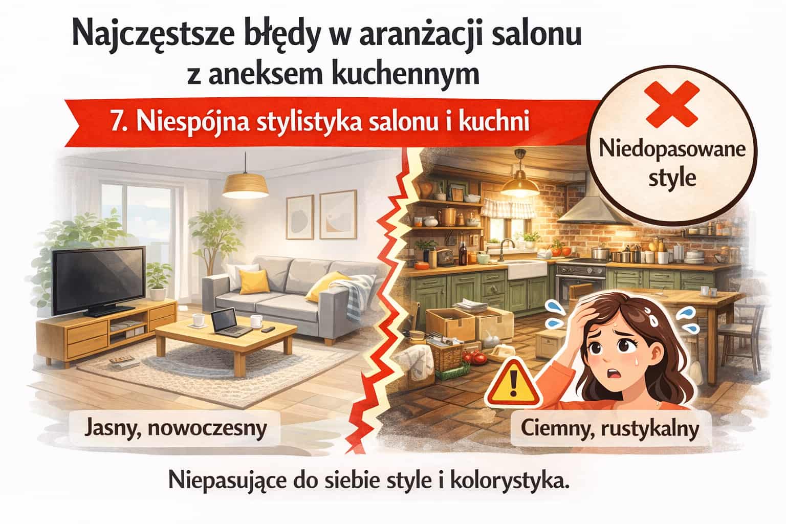 Niespójna stylistyka salonu i kuchni