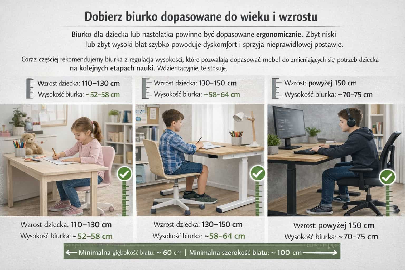 Ergonomic desk for children and teenagers – adjusting desk height to the child's age and height