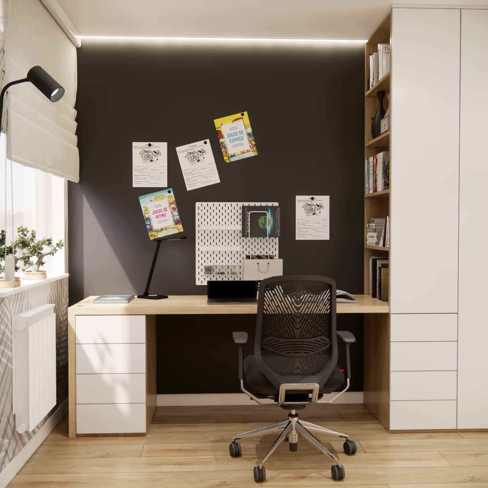 Storage near the desk, under-desk drawer unit, open bookshelves by the desk