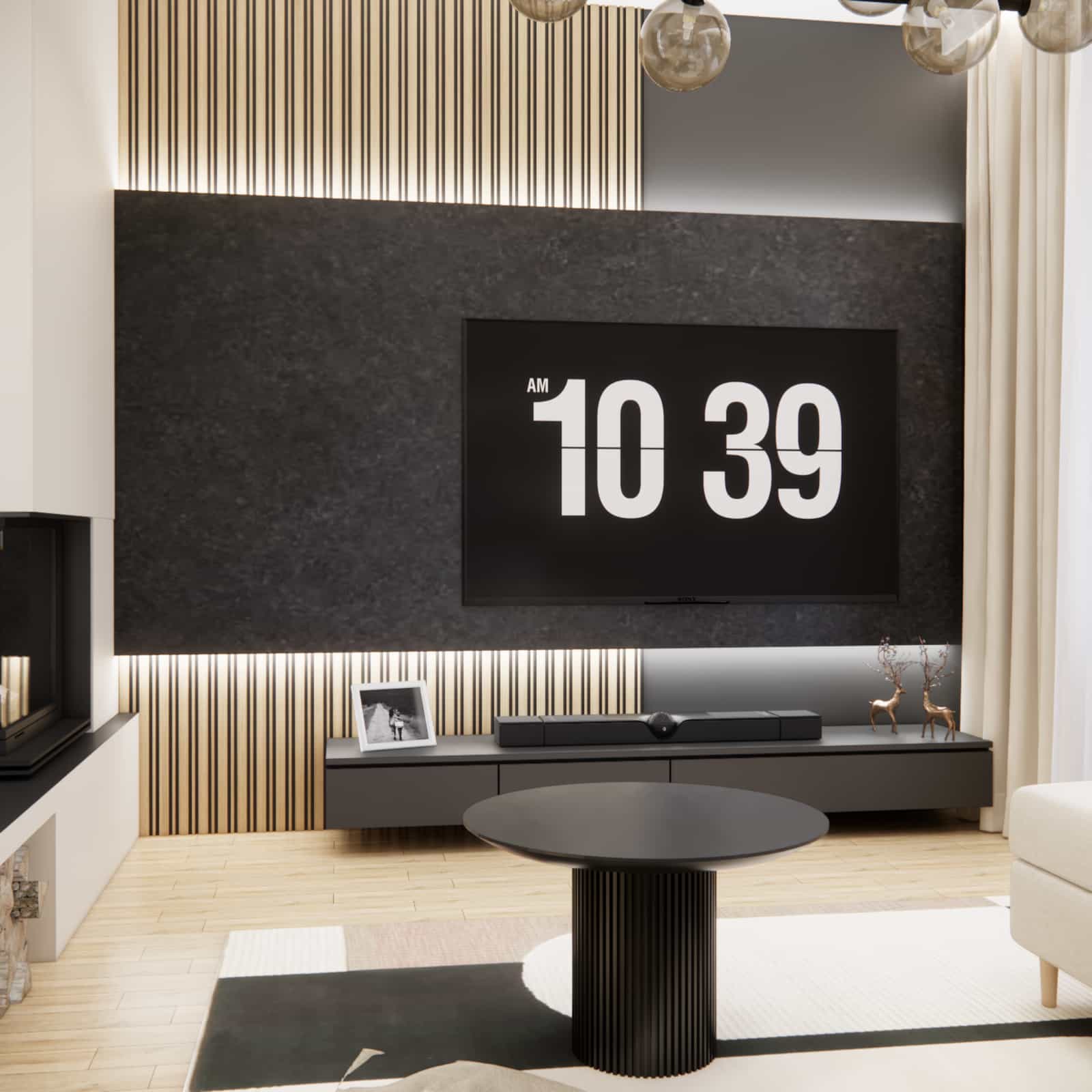 Concrete TV wall with wooden slats and LED lighting in a 29,52m2 living room with kitchen interior design project