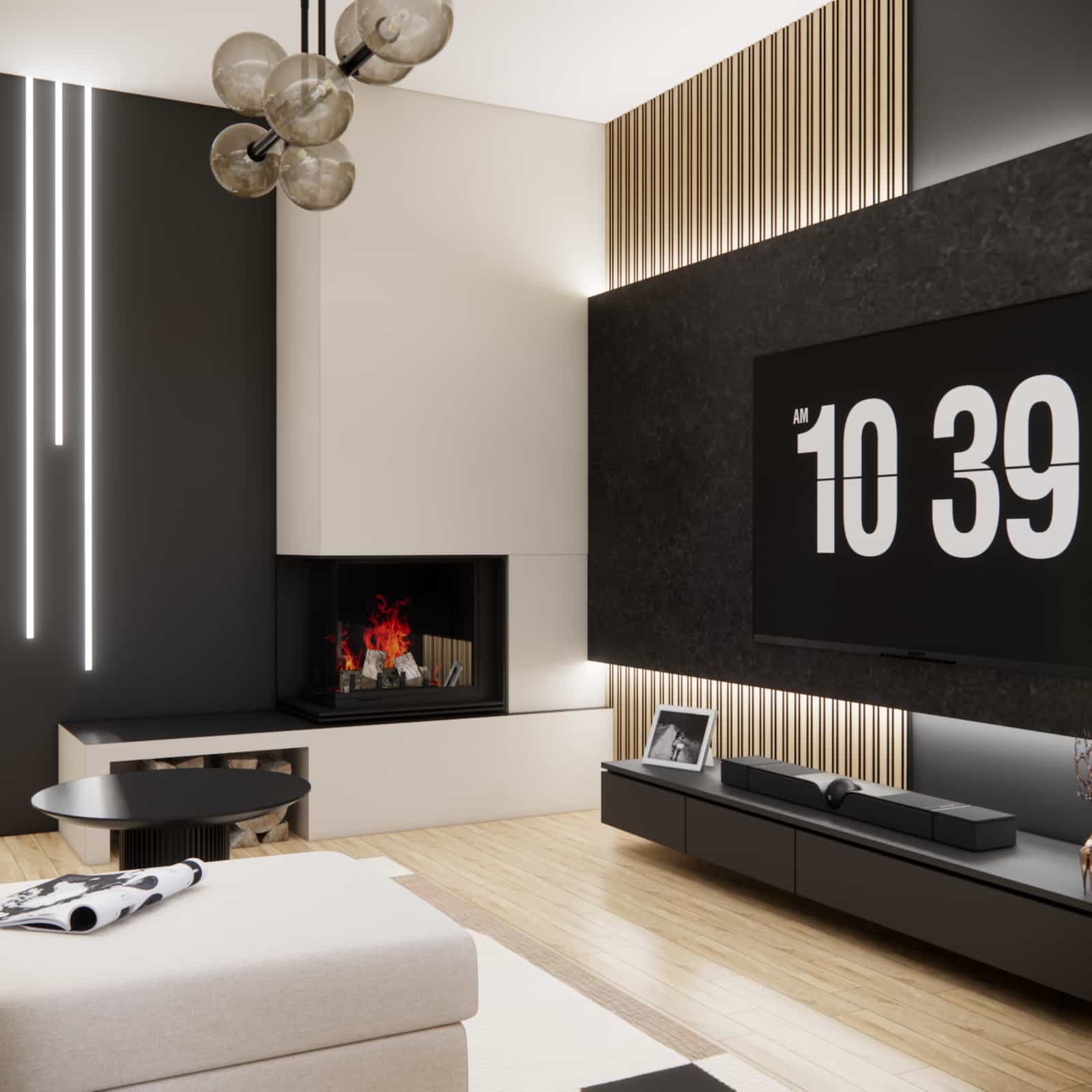 Modern interior design with fireplace and concrete TV wall – 29,52m2 living room with kitchen