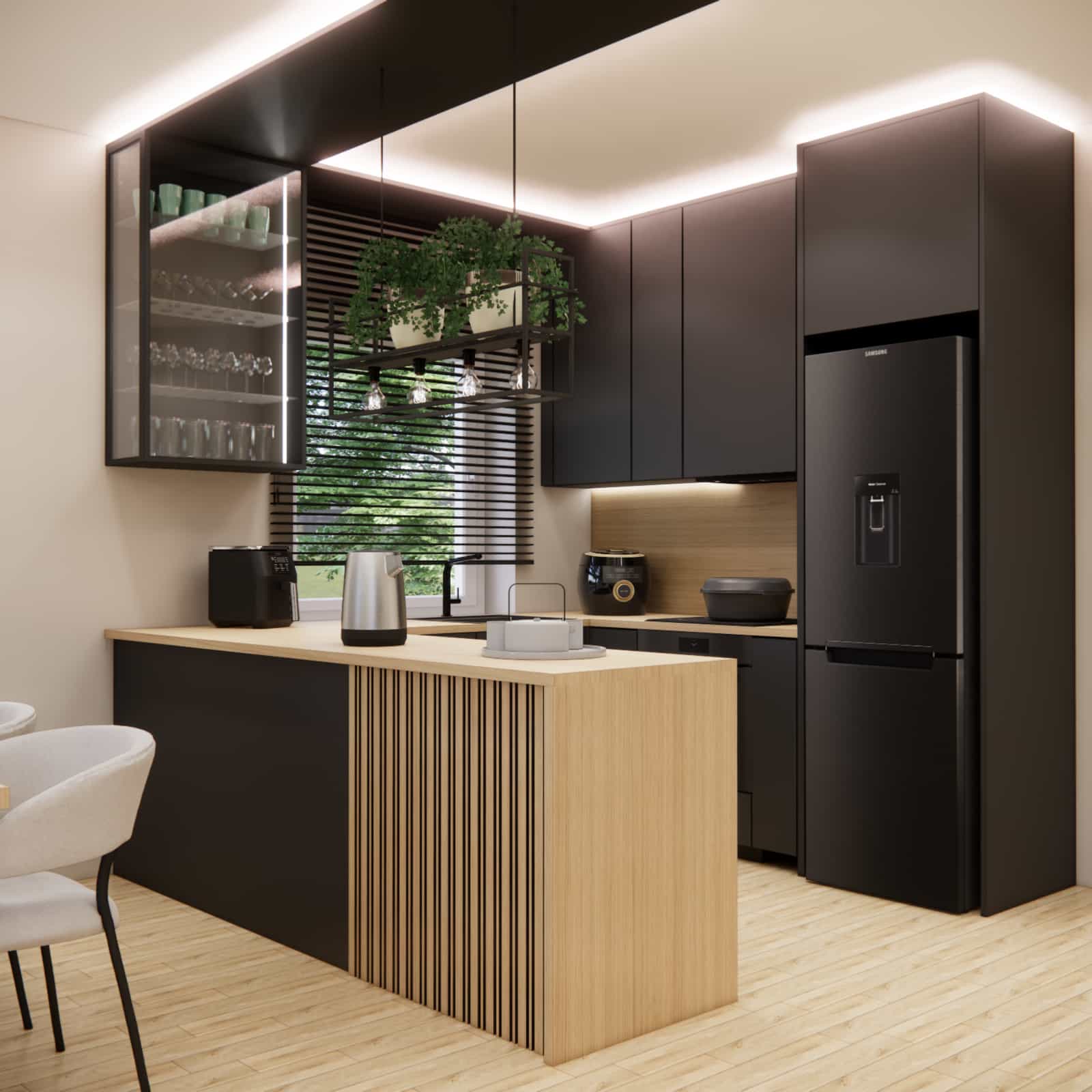 Modern kitchen in a 29,52m2 living space – black cabinetry, wooden countertop and peninsula