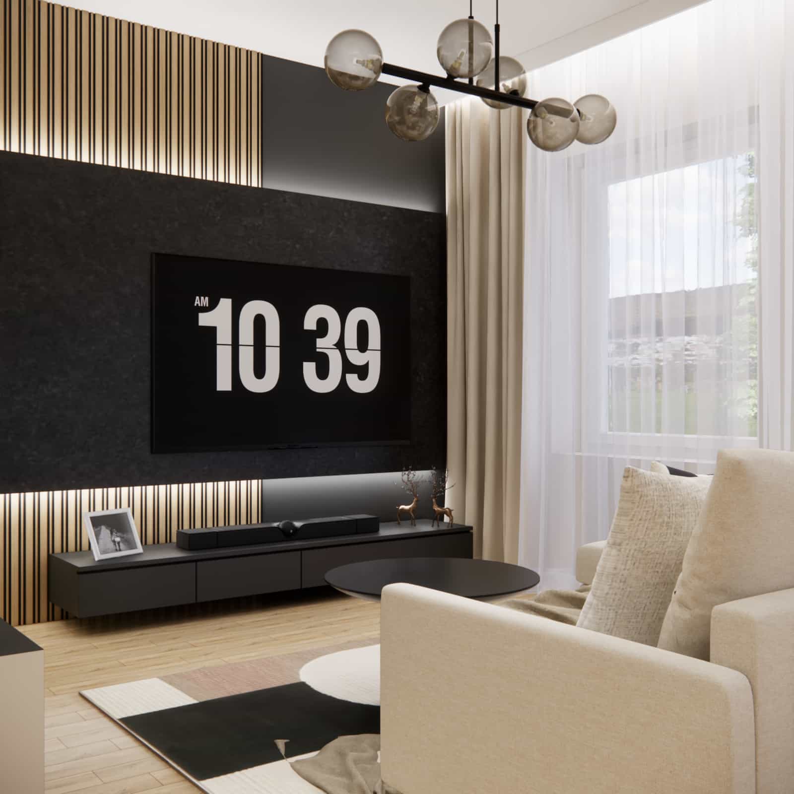 Wood-look floor tiles and concrete TV wall in a 29,52m2 interior design arrangement