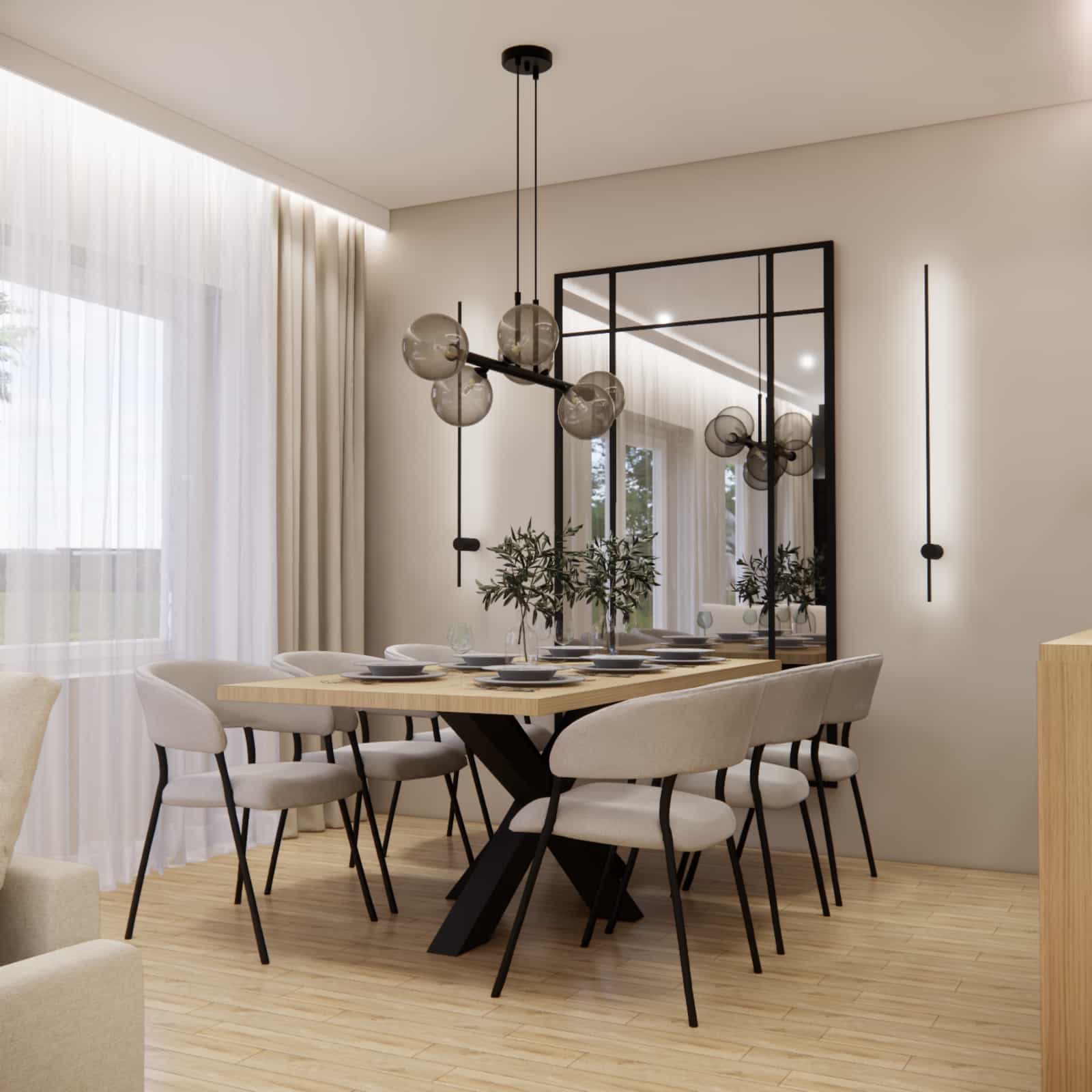 Dining area in a 29,52m2 living room with kitchen – wooden table, black details and designer lighting