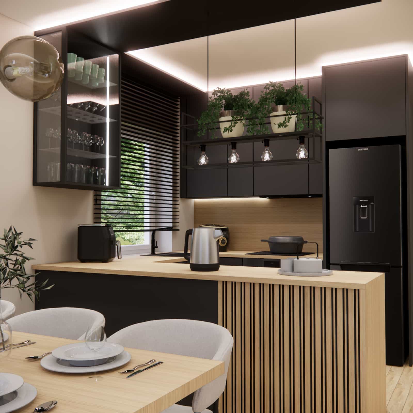 Kitchen island with wooden slat detail in a 29,52m2 living room with kitchen project