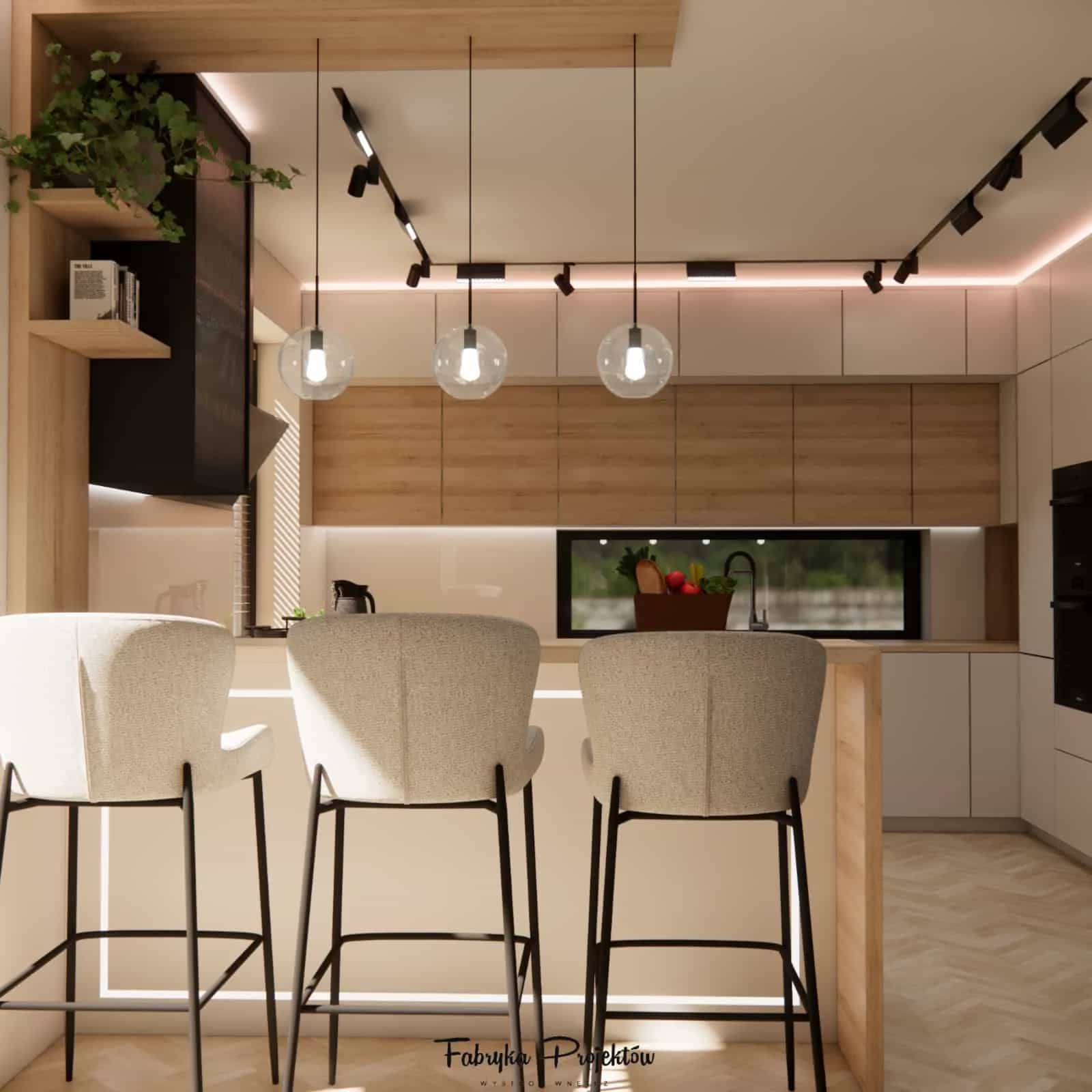 apartment design with 3D visualization – living room with kitchen arrangement designed by an interior architect