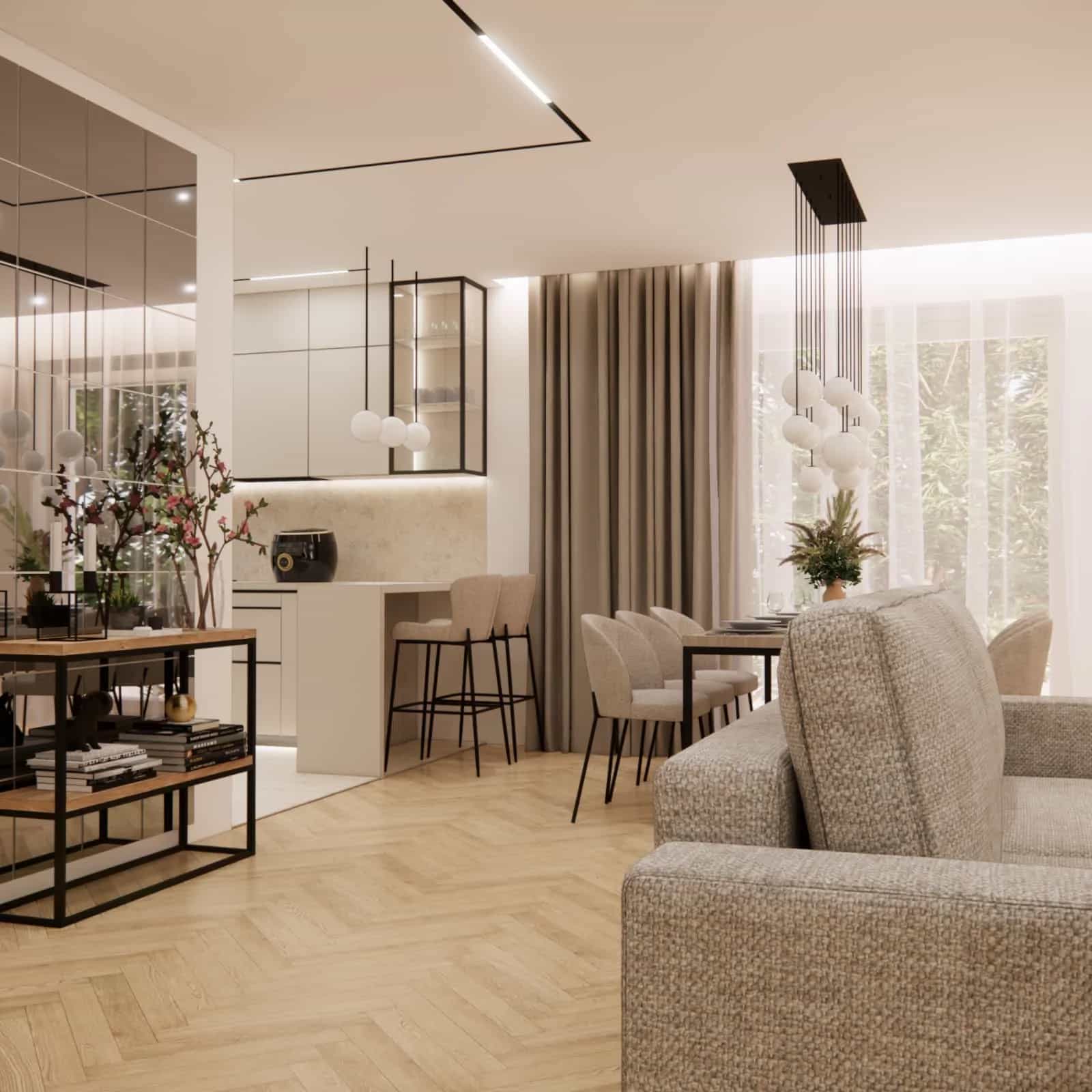 apartment interior design – modern living room with kitchen arrangement designed by an interior designer
