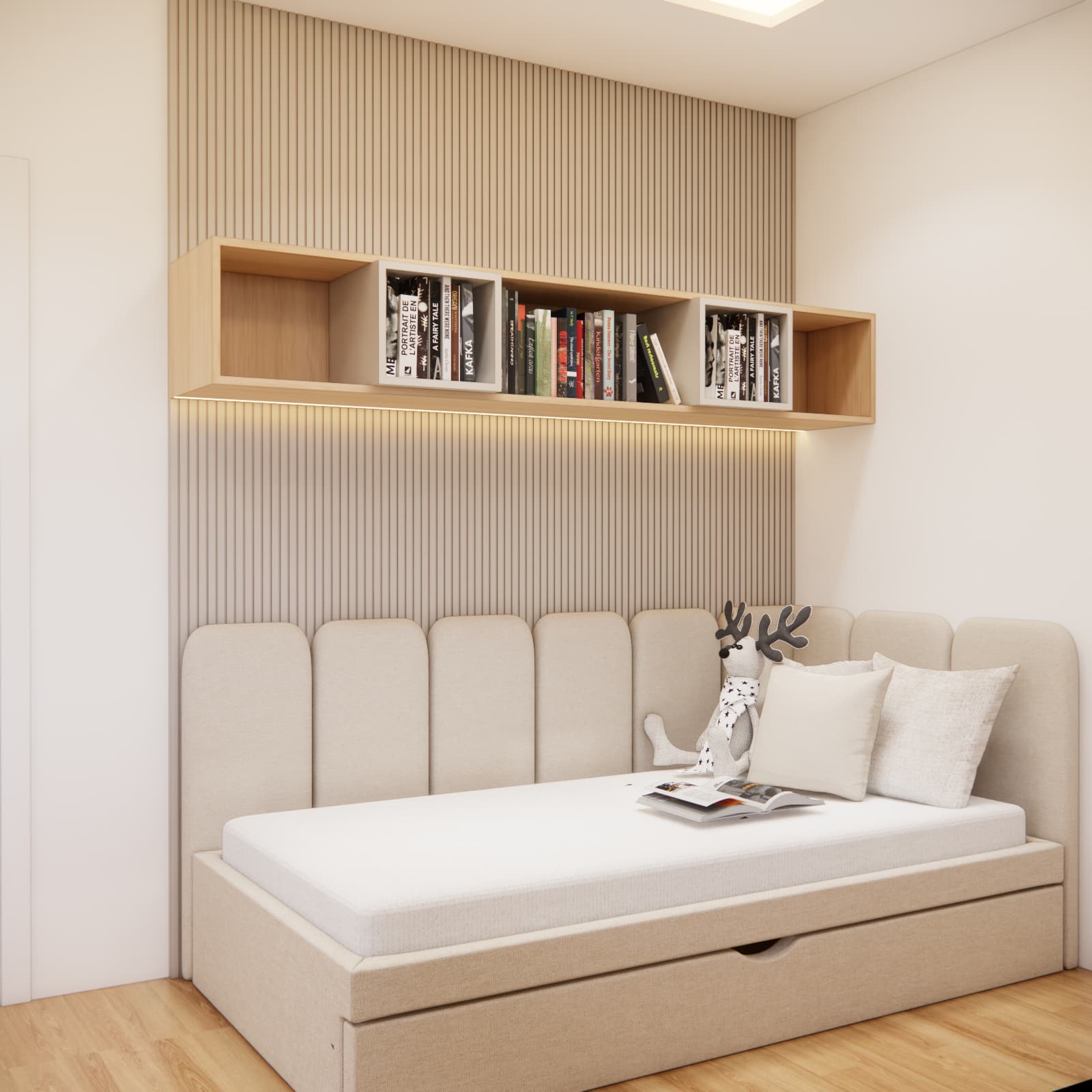 Bed with an upholstered headboard and wooden slats in a minimalist teenager’s room