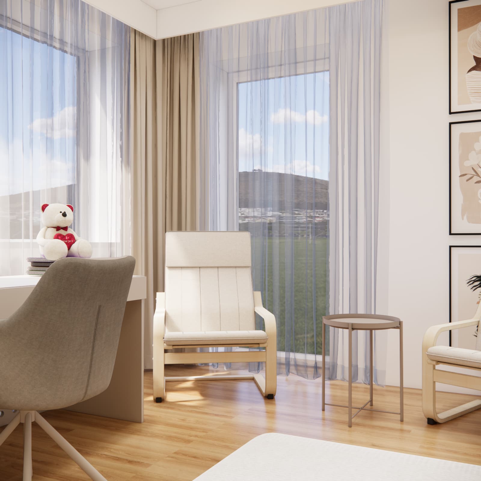 Bright teenage girl’s room in white and wood with study and relaxation areas