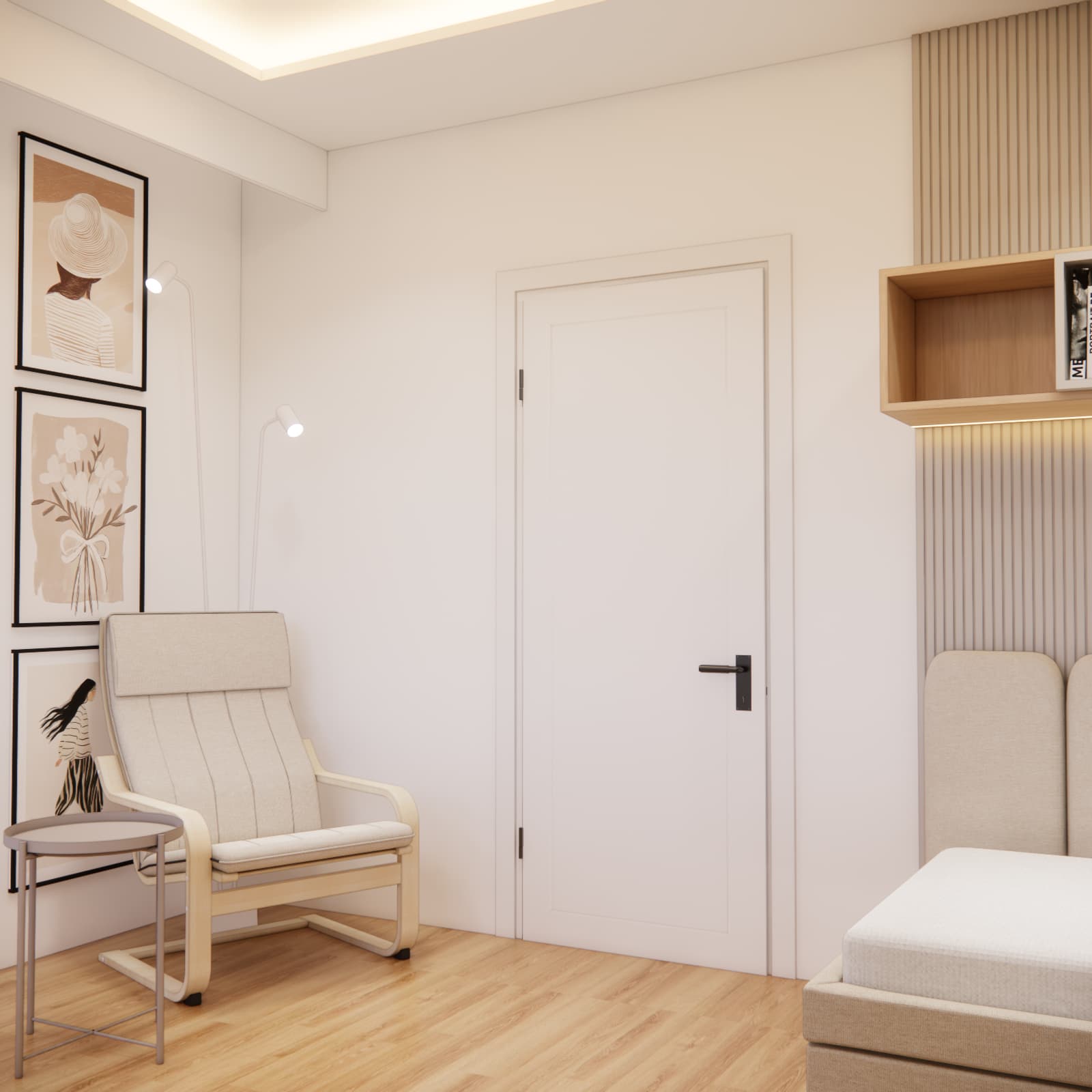 Cosy relaxation corner with an armchair and framed artwork in a teenager’s room