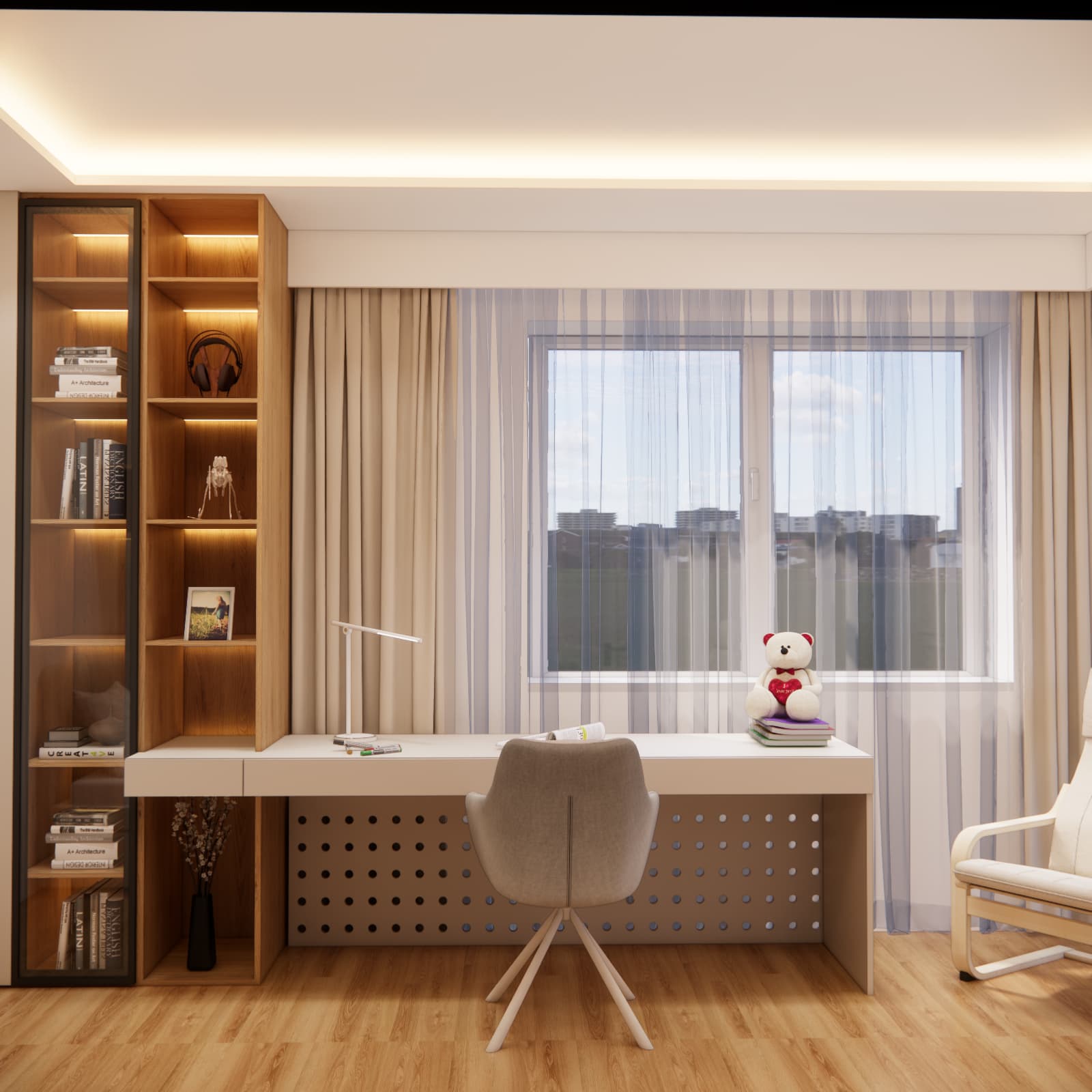 Long desk by the window in a room for a 13-year-old girl
