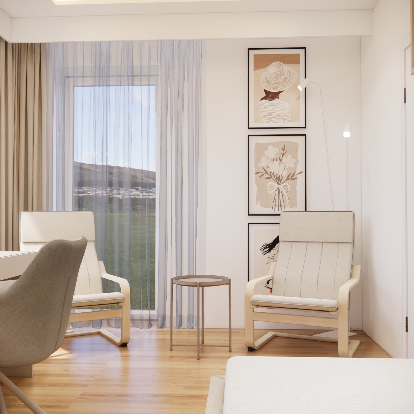Relaxation area in a minimalist room for a 13-year-old girl with armchairs by the window