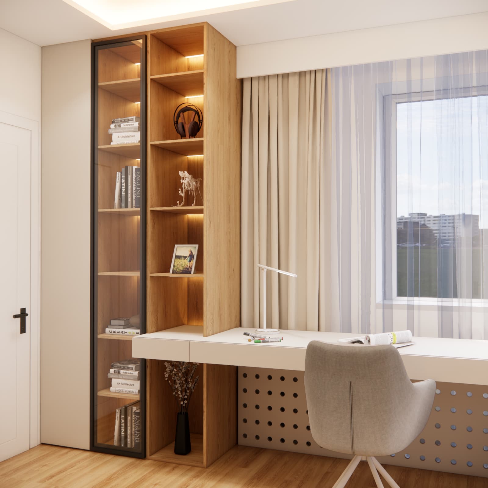 Study area with a wooden shelving unit and illuminated shelves in a teenager’s room