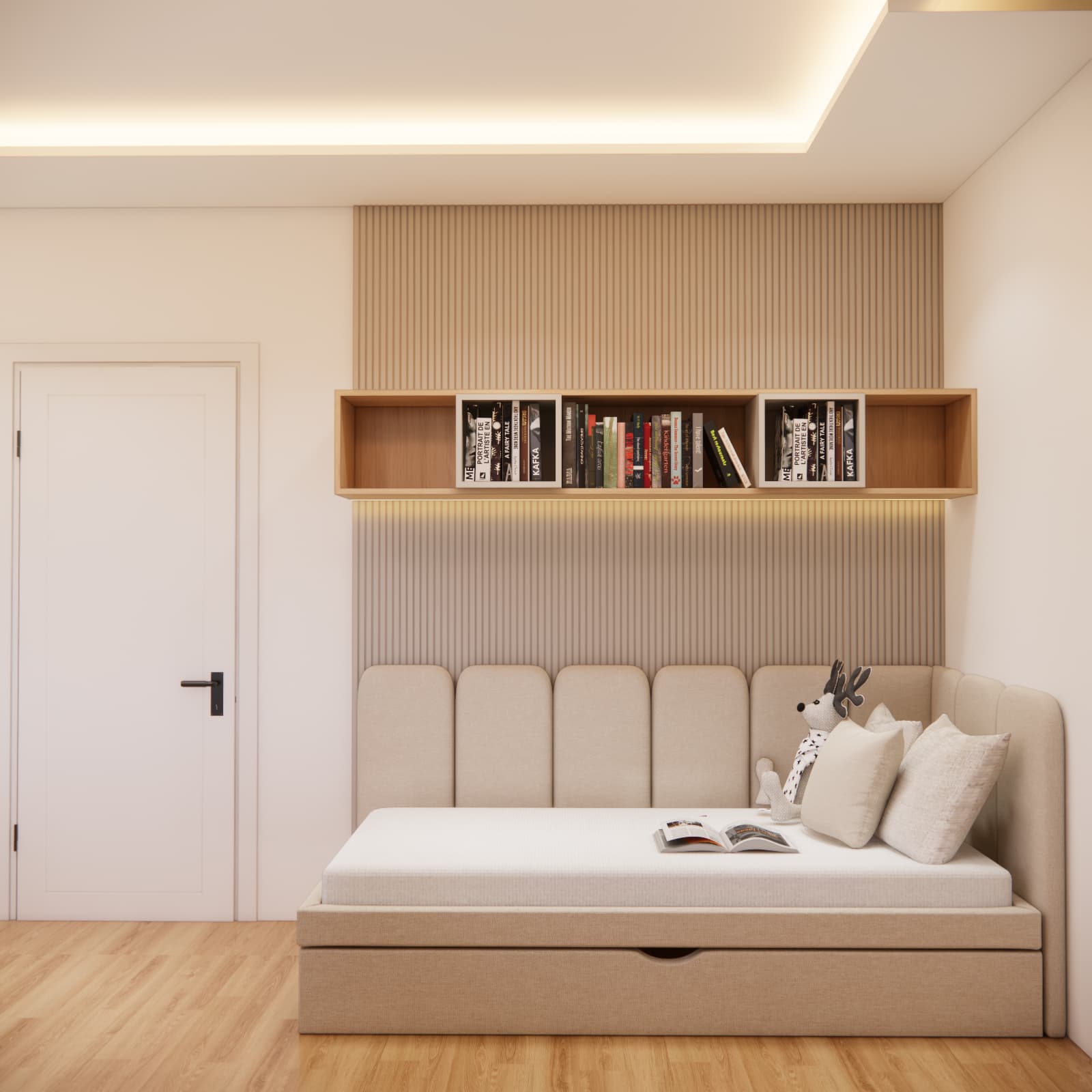 Wall behind the bed with wooden slats and an LED shelf in a room for a 13-year-old girl