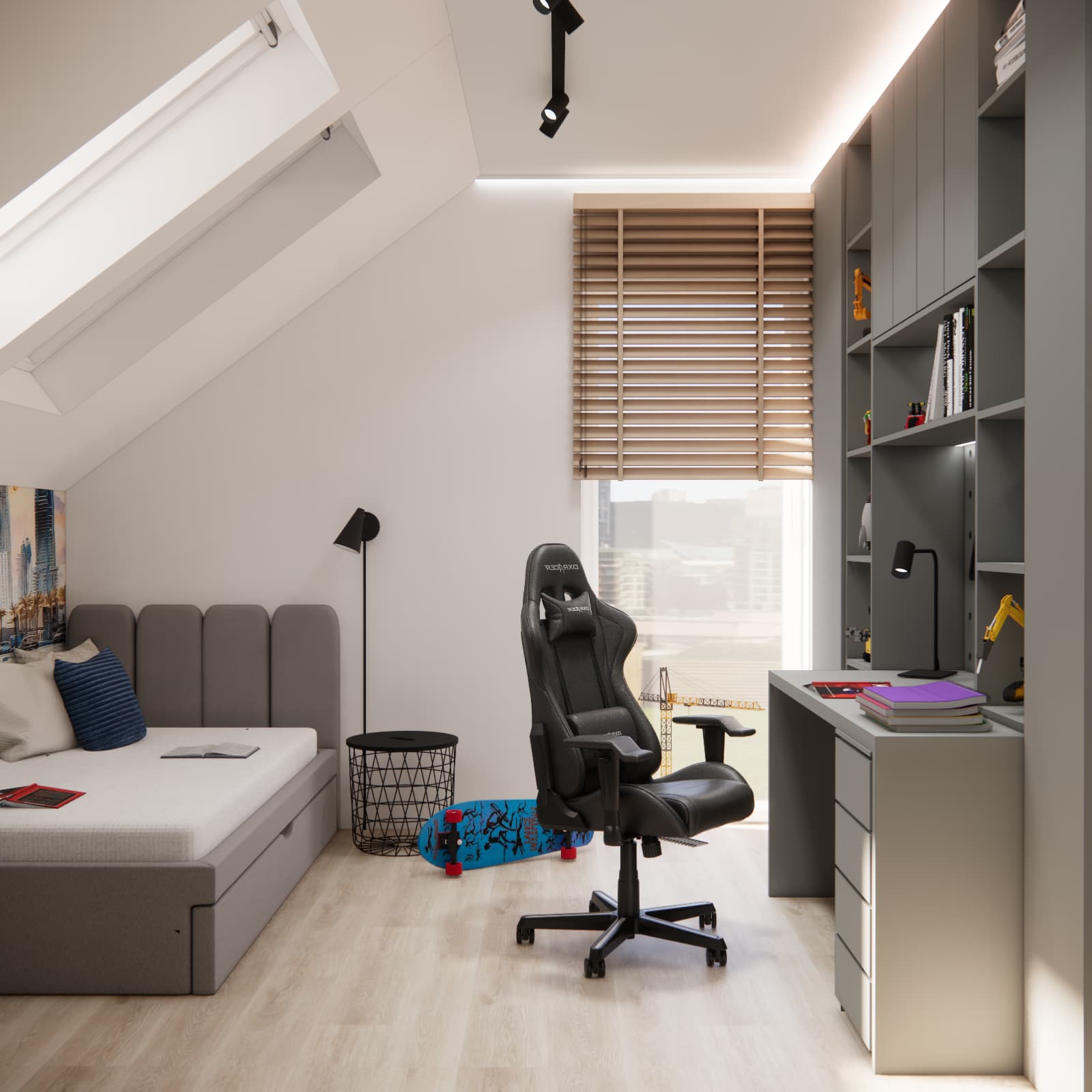 Attic bedroom design for a boy with a bed and study desk