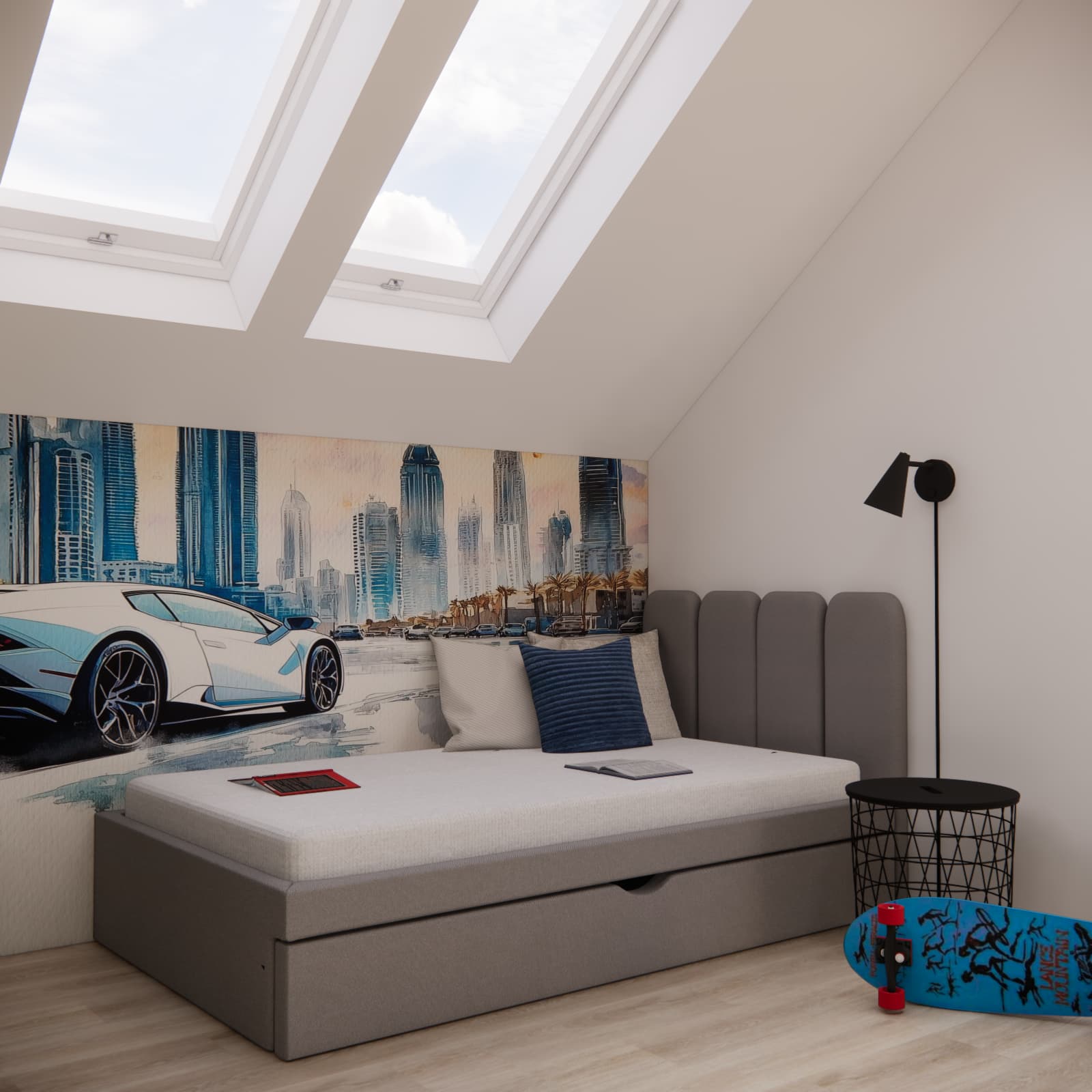 Bed in a 7-year-old’s attic room beneath roof windows