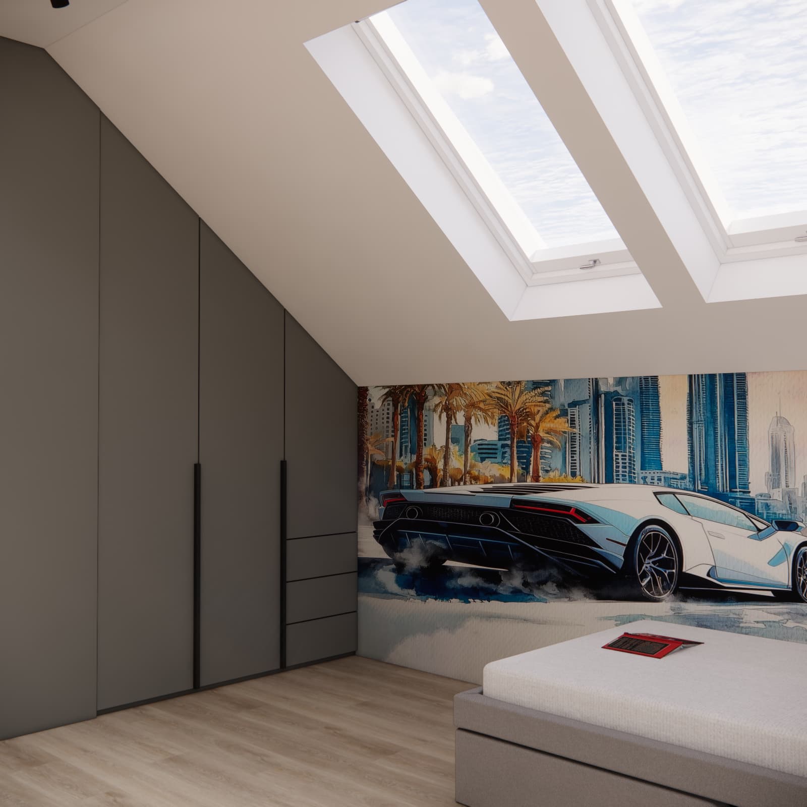 Boy’s room with sloped ceilings, custom-made furniture and efficient use of attic space