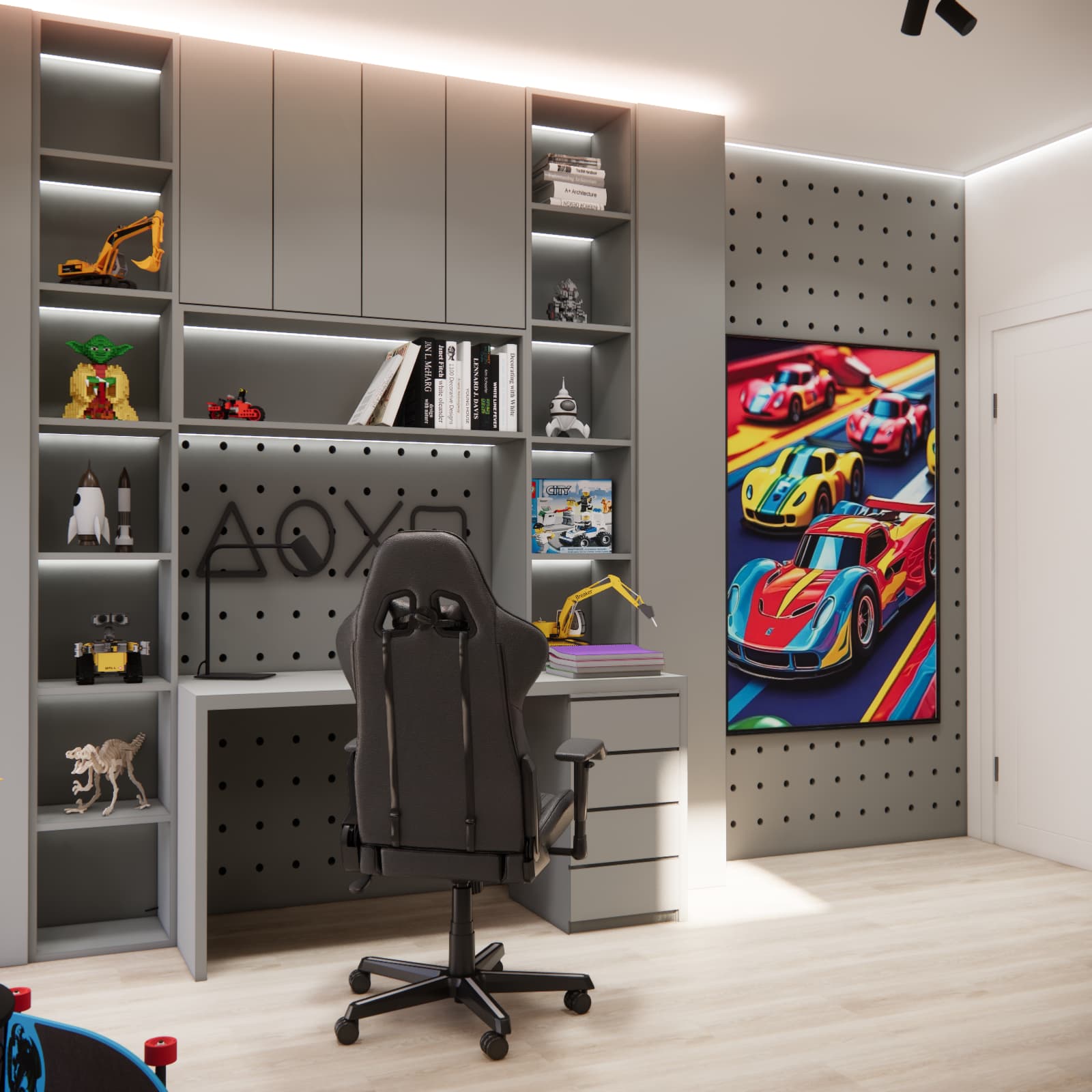 Study area in a boy’s room with automotive details and custom-made furniture