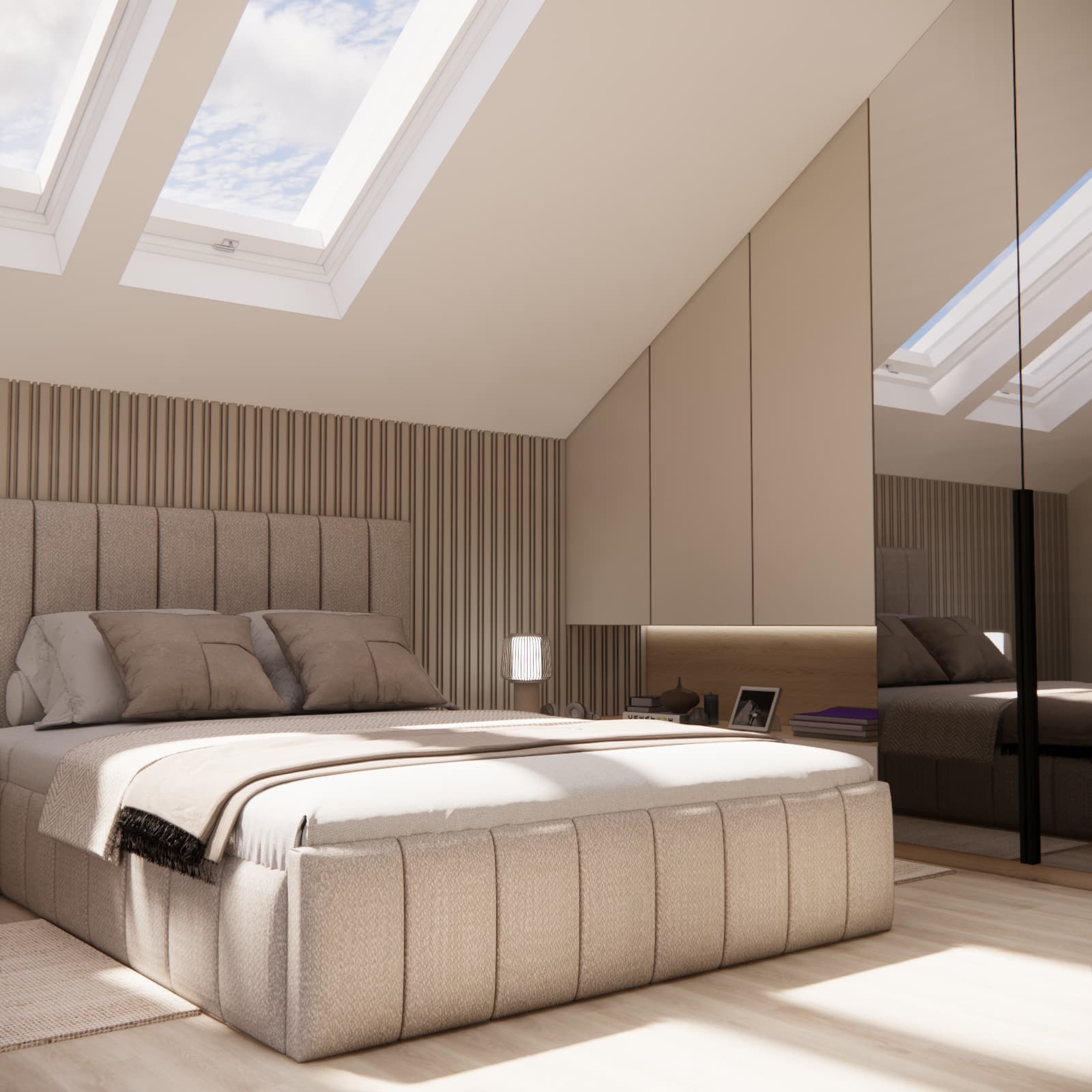 Beige teenage room with a bed and custom furniture fitted to the sloped ceiling
