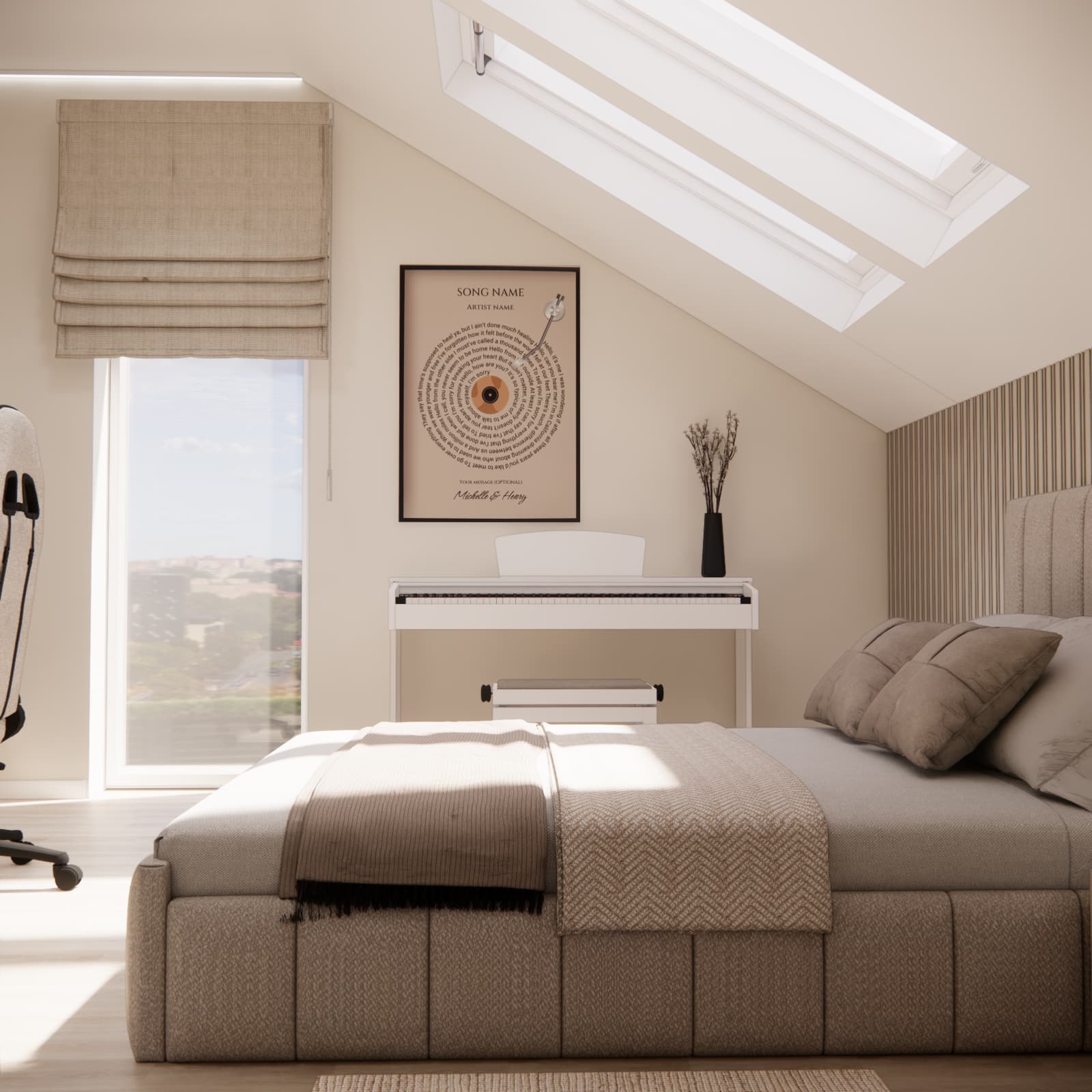 Beige teenage room with sloped ceilings, a bed and a white digital piano
