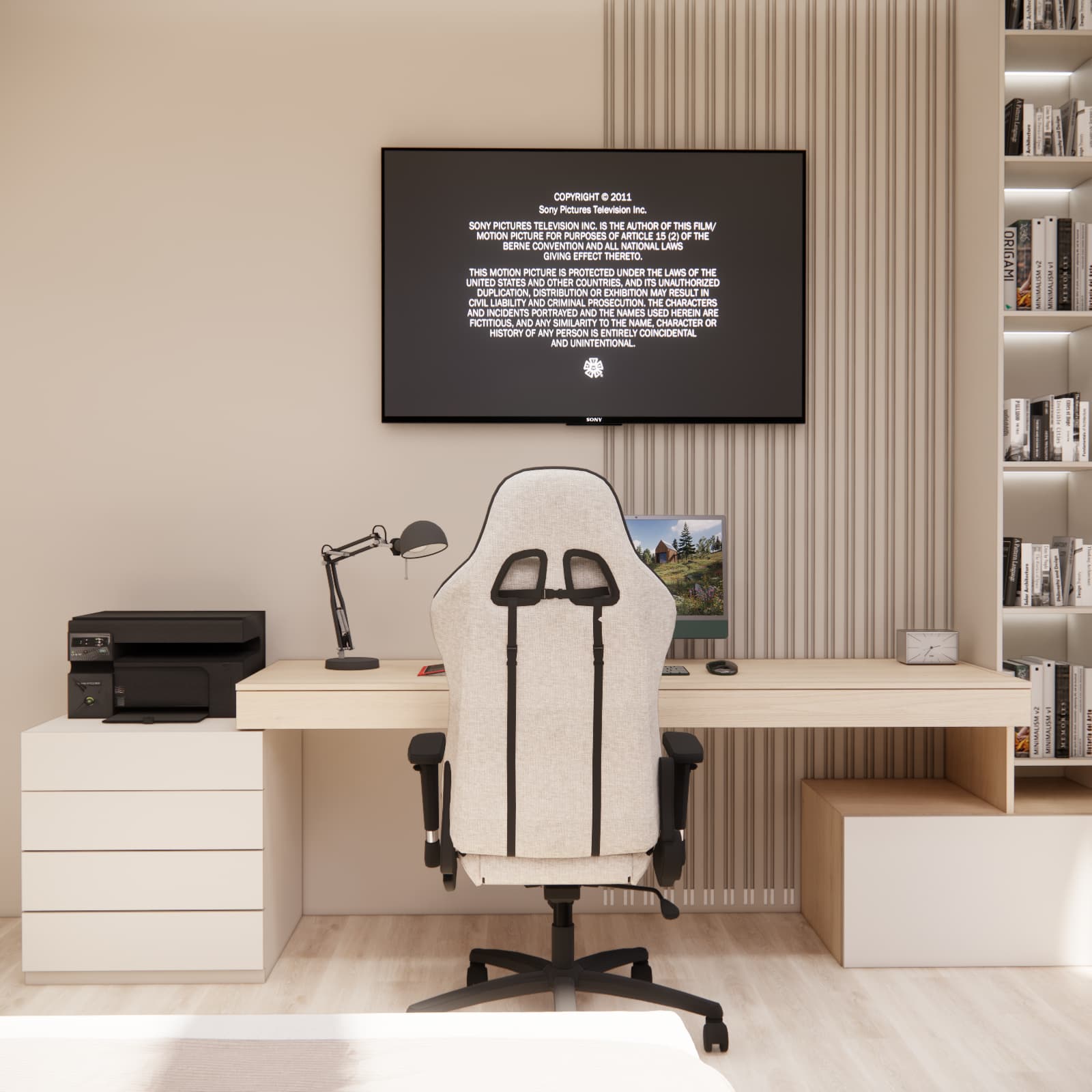 Custom-made desk with a computer and book storage in a teenage room