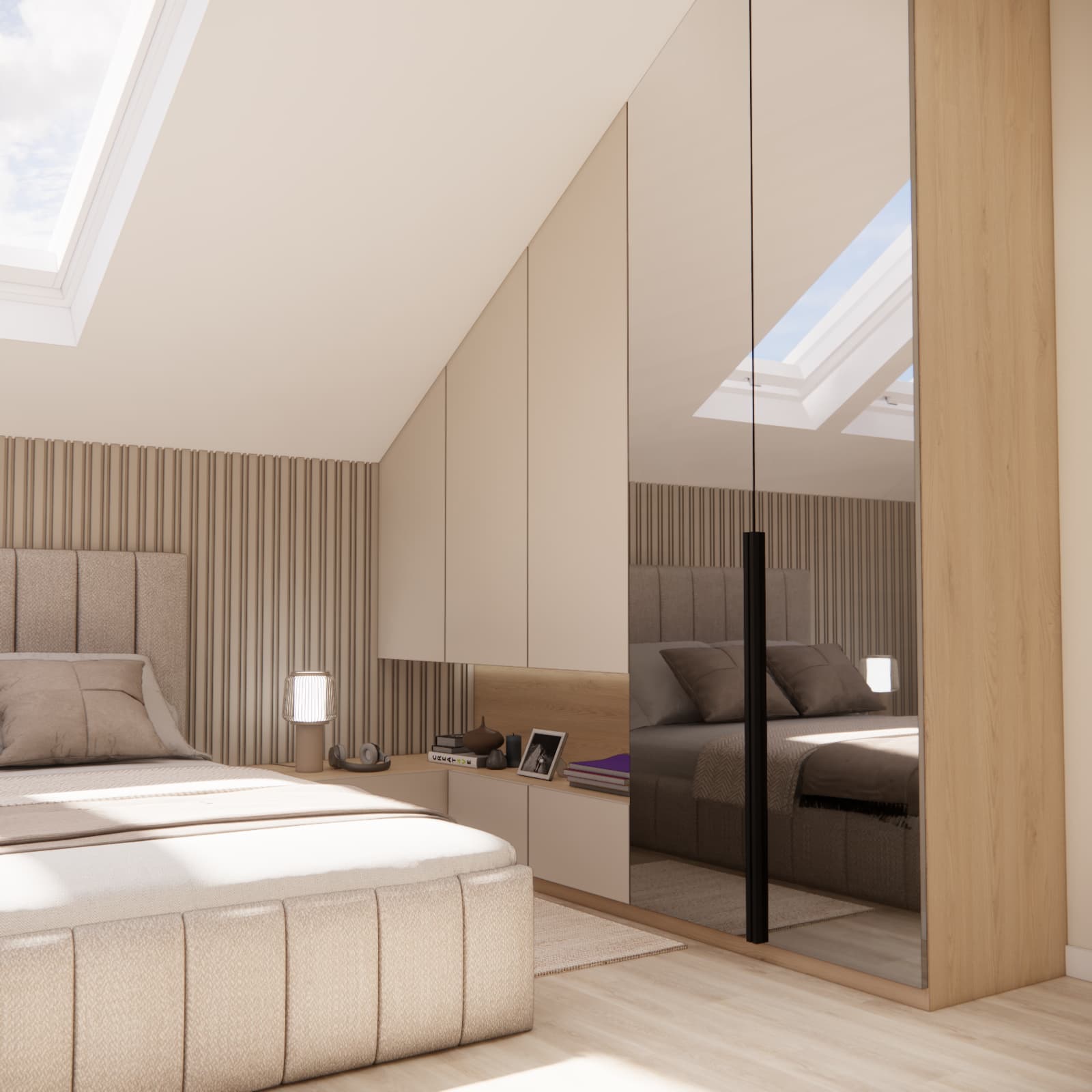 Custom-made furniture under a sloped ceiling and a large mirror in a teenage room