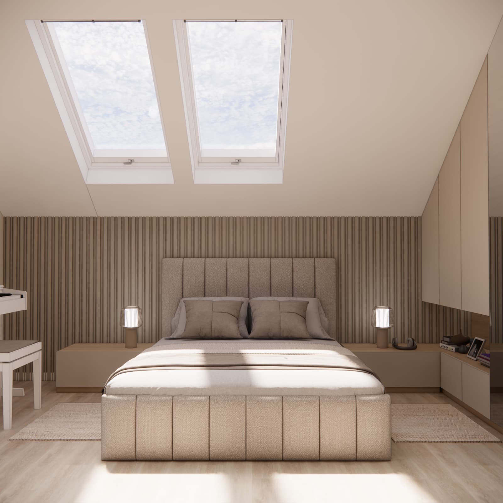 Gosia’s teenage room design in Siedlce with a bed, sloped ceilings and custom-made furniture