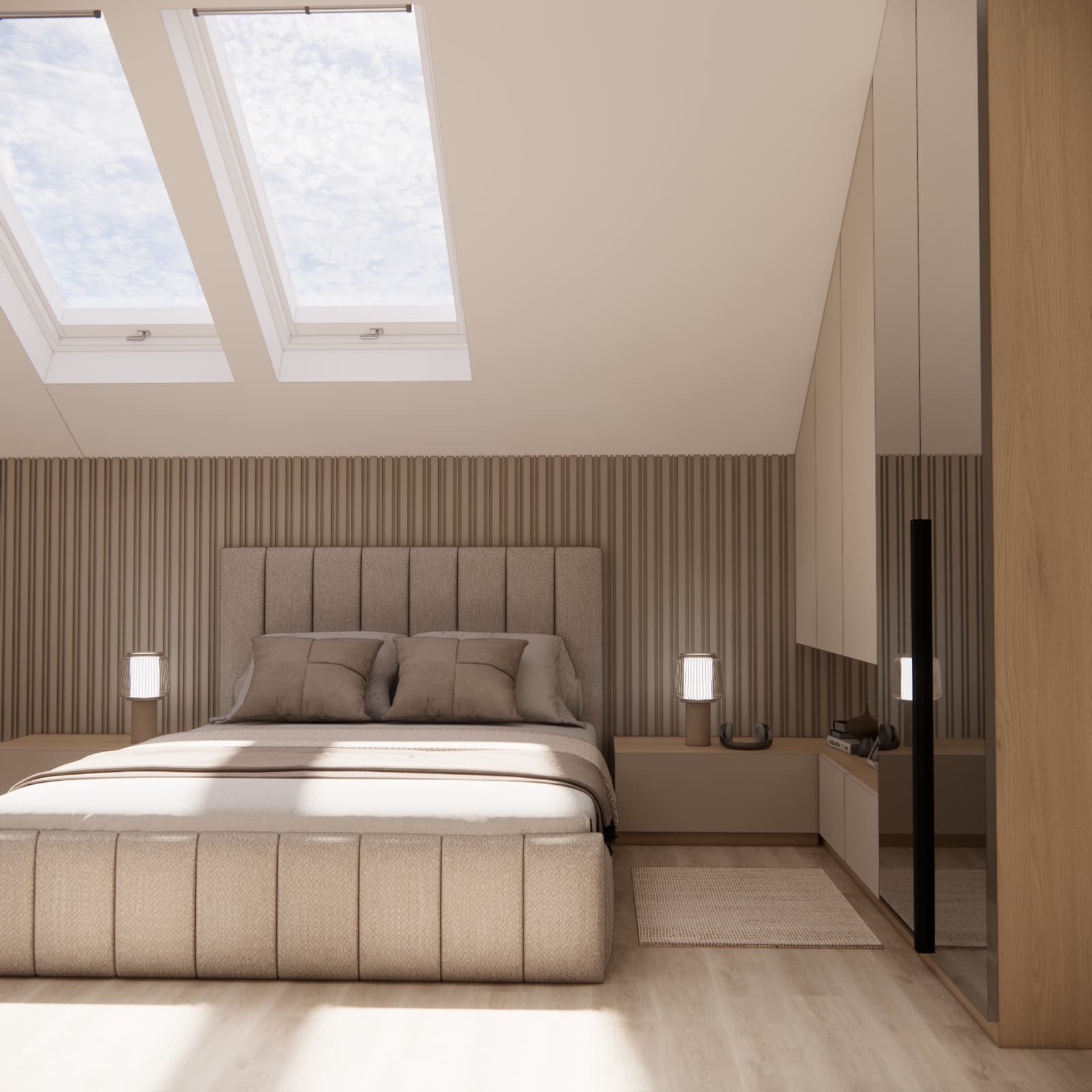 Large mirror integrated into the built-in furniture in a teenage attic room