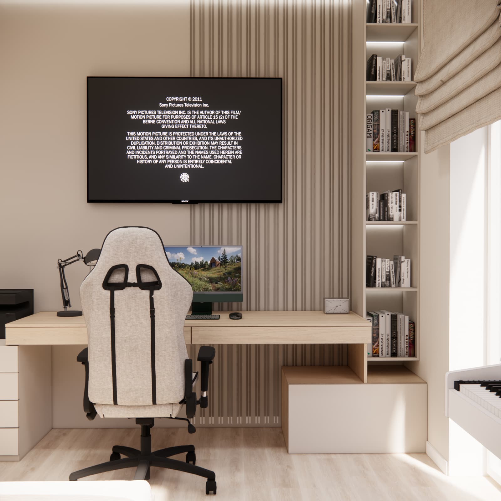 Study area in a teenage room with a custom-made desk, TV and shelving unit