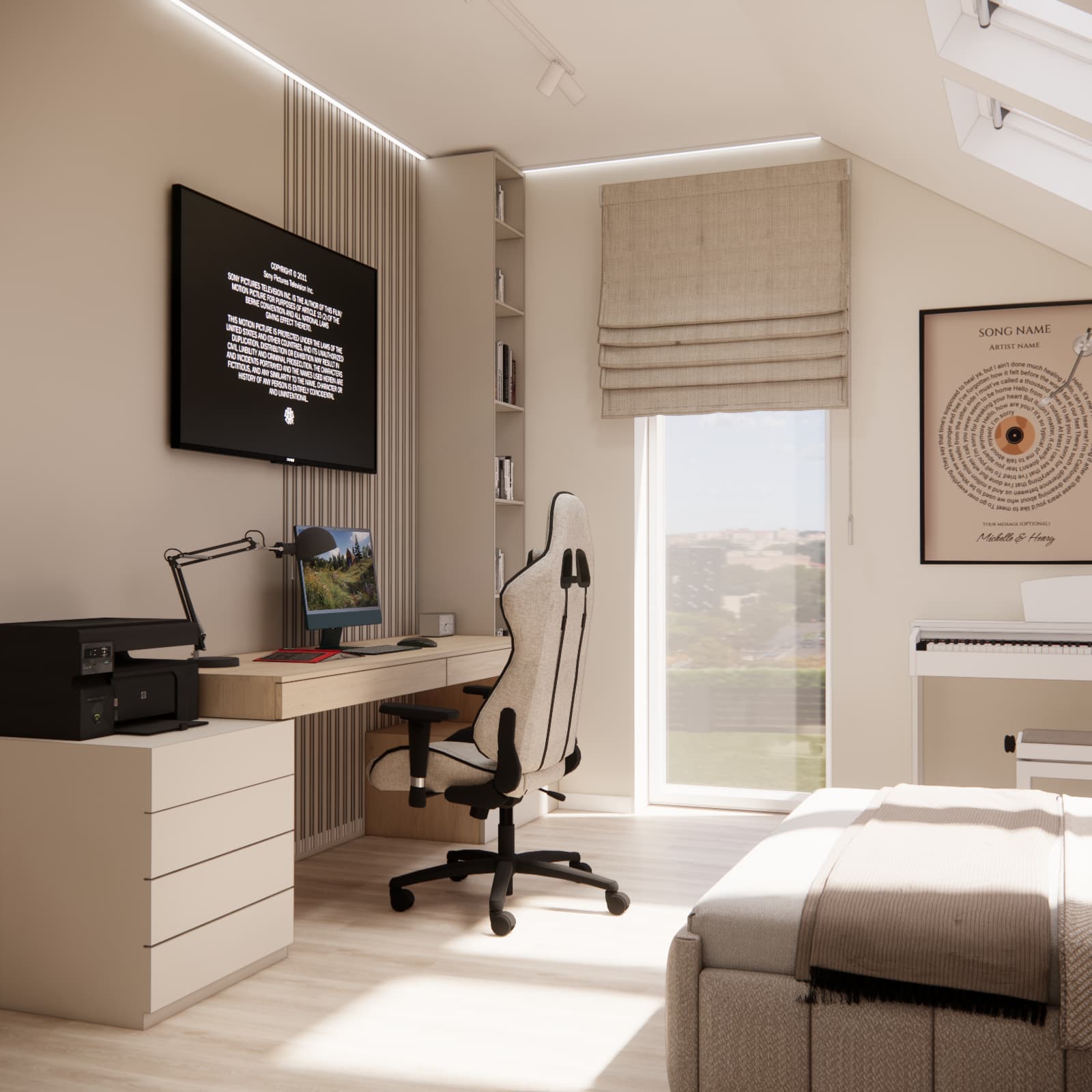 Teenage attic room for Gosia in Siedlce with a desk, TV and bed