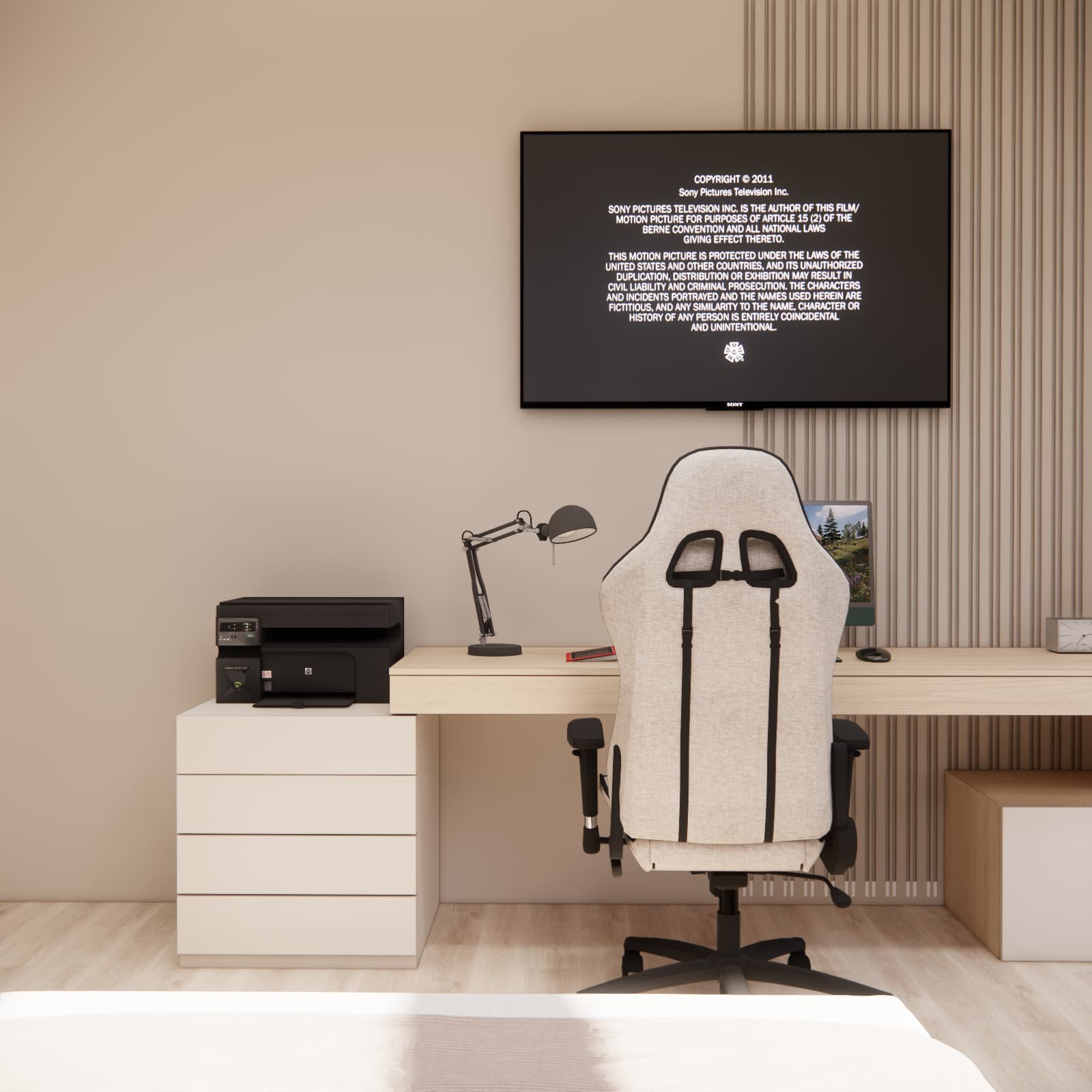 Teenage room with a TV above the desk and space for a printer