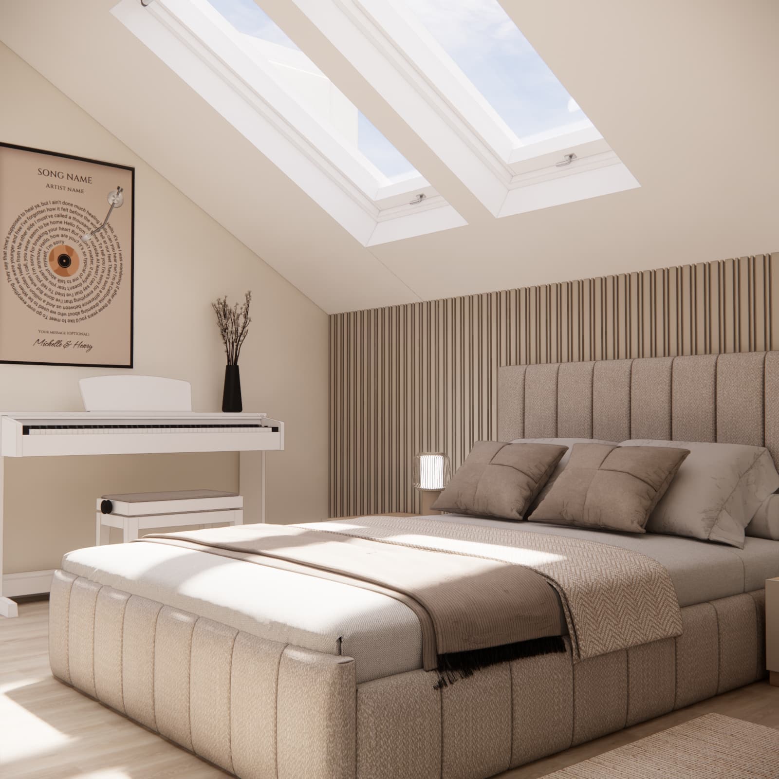 Upholstered bed in a teenage attic room with roof windows