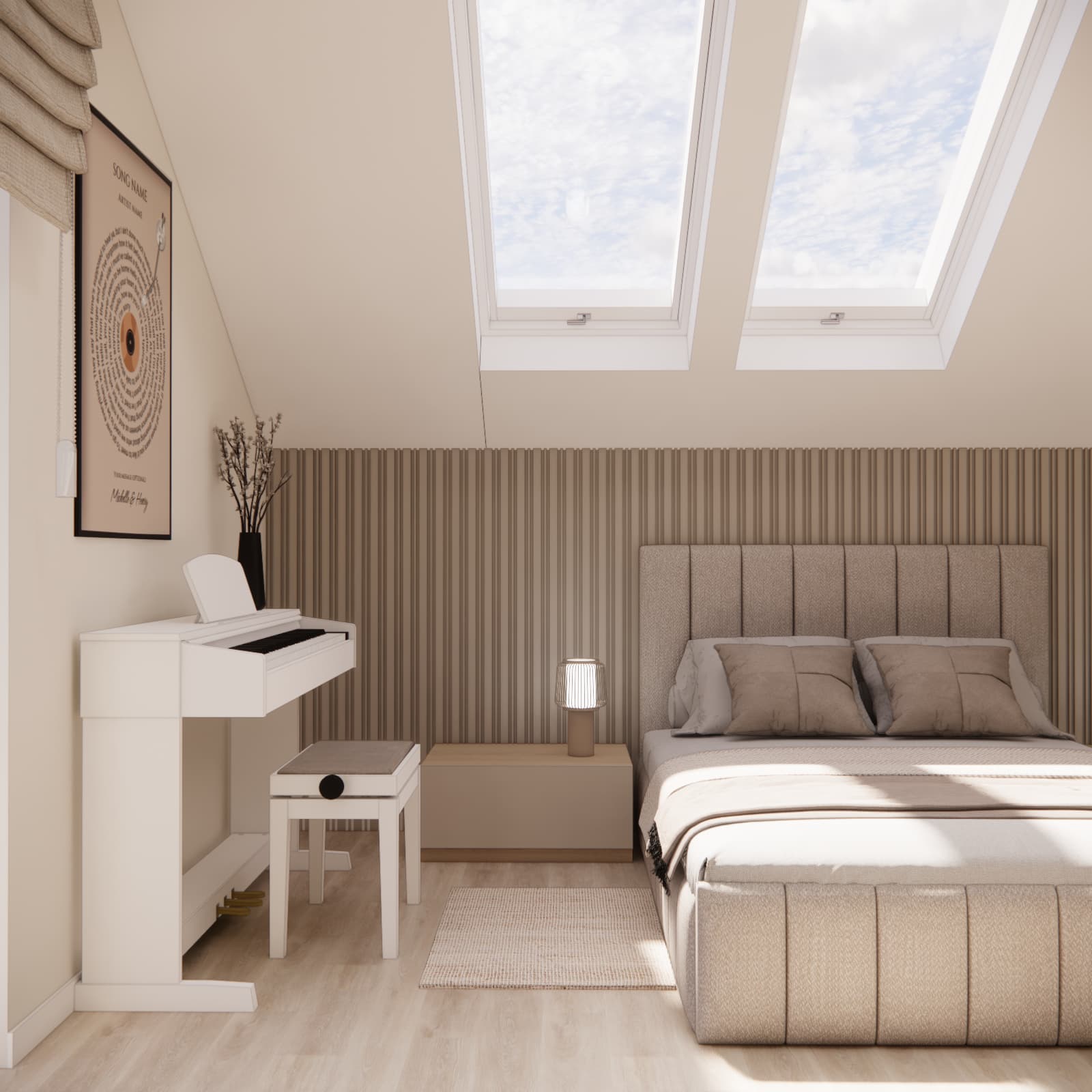 White digital piano in a teenage attic room