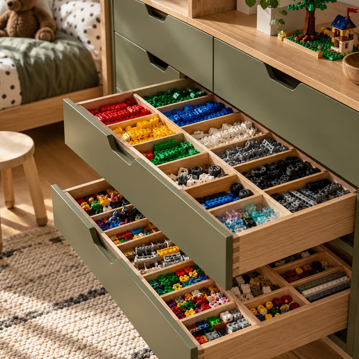Płytkie szuflady z przegródkami do segregowania klocków LEGO według rodzaju i wielkości elementów.