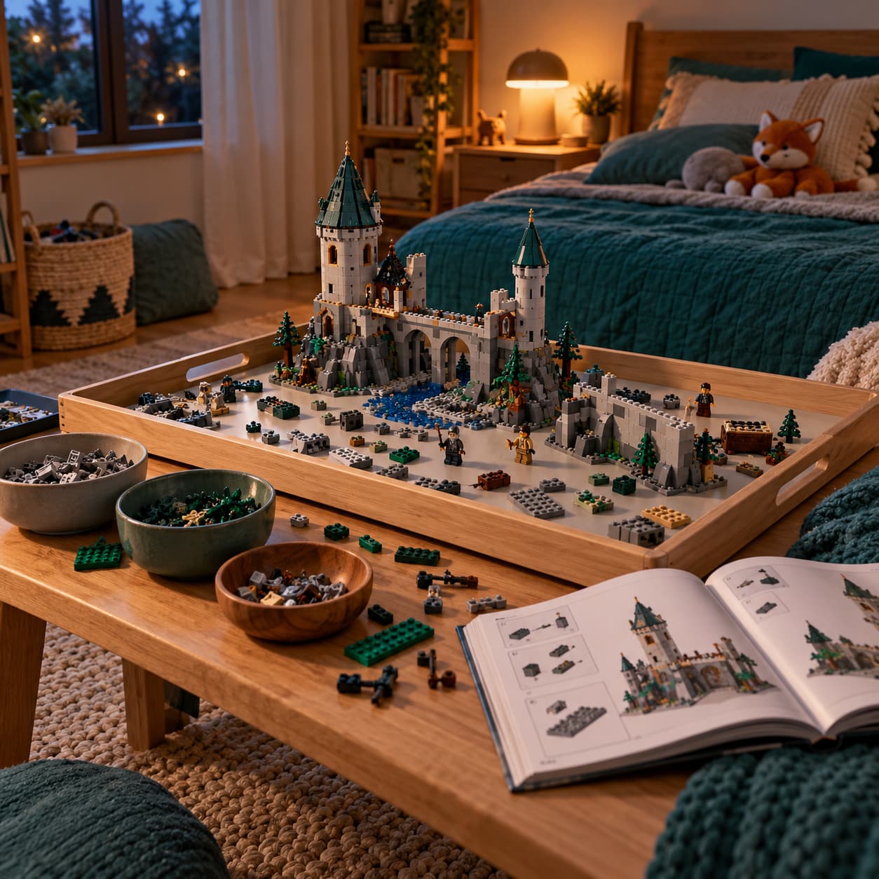 Rozpoczęta konstrukcja LEGO na dużej tacy do przechowywania modeli bez konieczności ich demontowania.