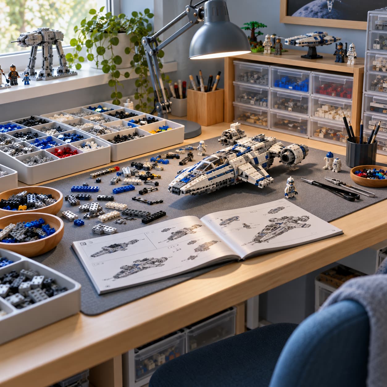 Stabilny blat do budowania LEGO z tackami na części, lampką biurkową i organizerami w pokoju dziecka.