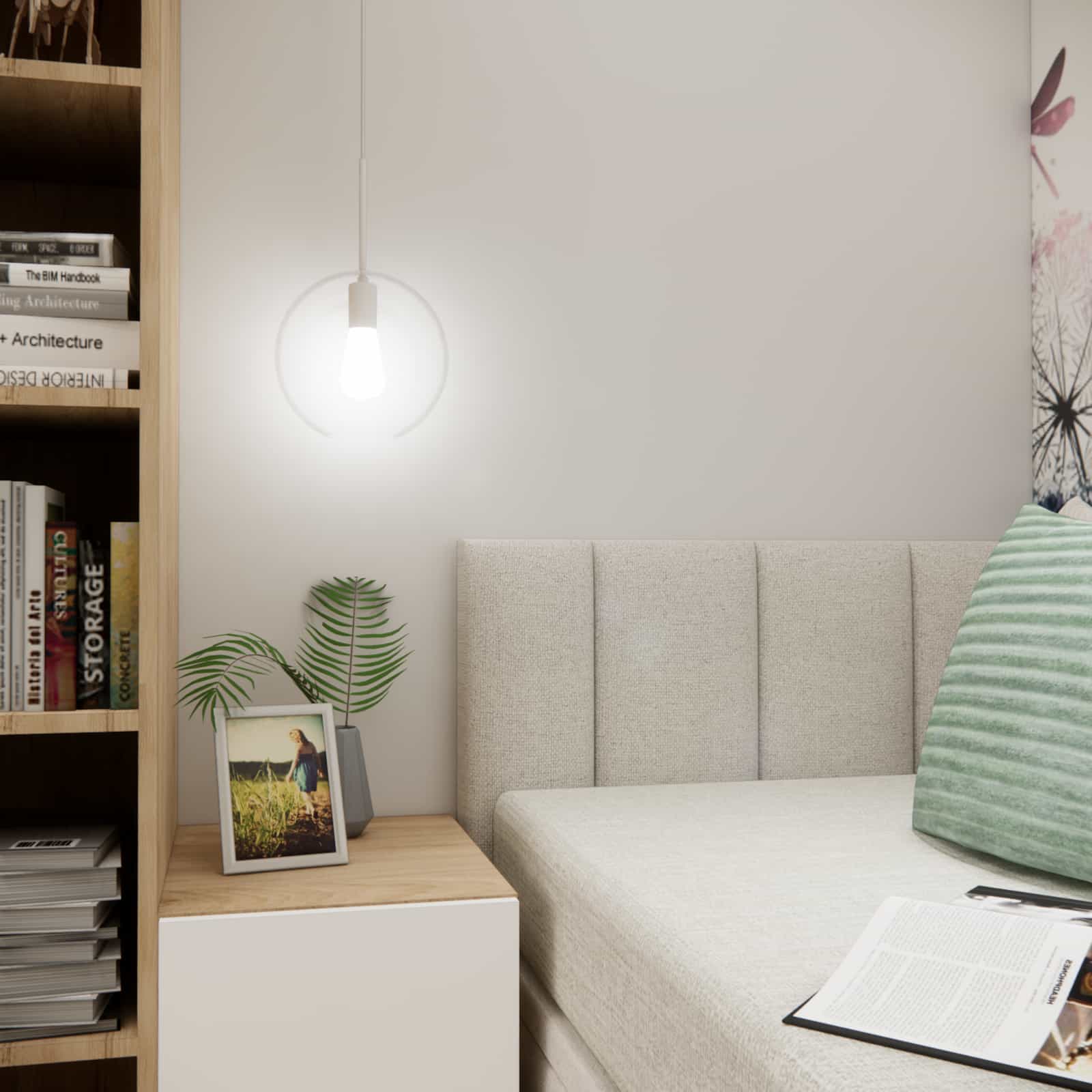 stolik nocny i wisząca lampa przy łóżku w pokoju dla dziewczynki