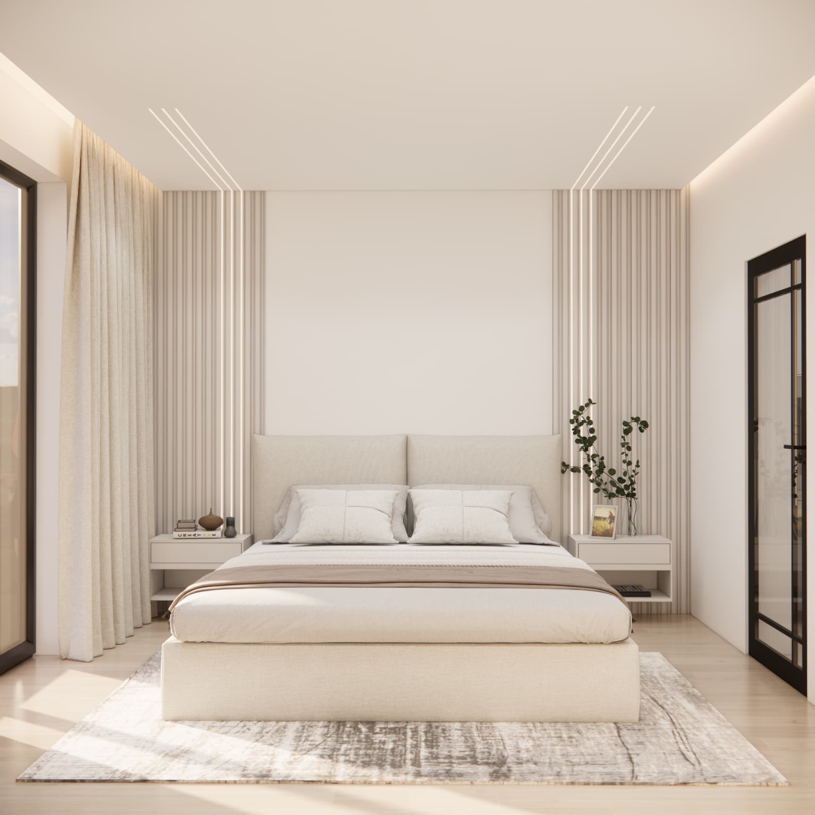 Bright 12.6 m² bedroom with an upholstered bed and decorative feature wall – interior design in Janowiec Wielkopolski