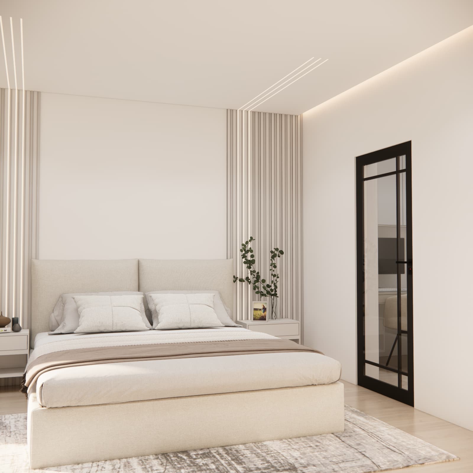 Bright bedroom design with black glass doors leading to a home office