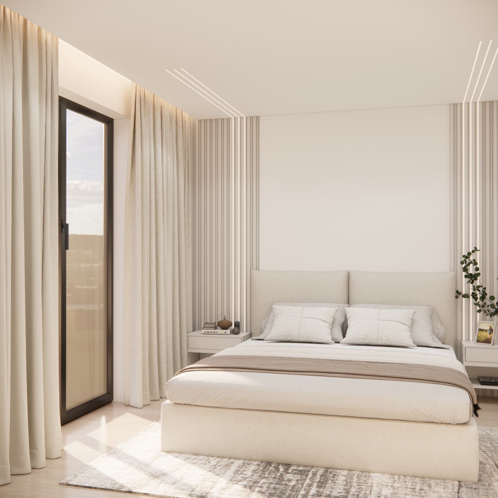 Bright bedroom with large glazing, beige curtains and an upholstered bed