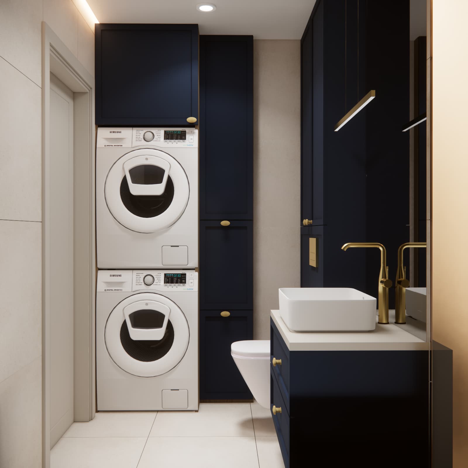 Bathroom with a stacked washing machine and dryer and navy blue built-in furniture