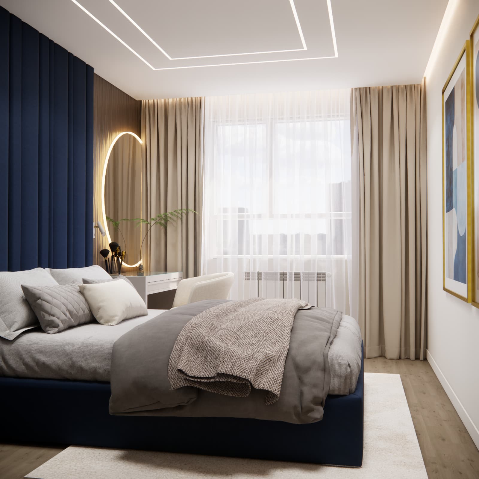 Bright bedroom with a navy blue bed, beige curtains and geometric ceiling lighting