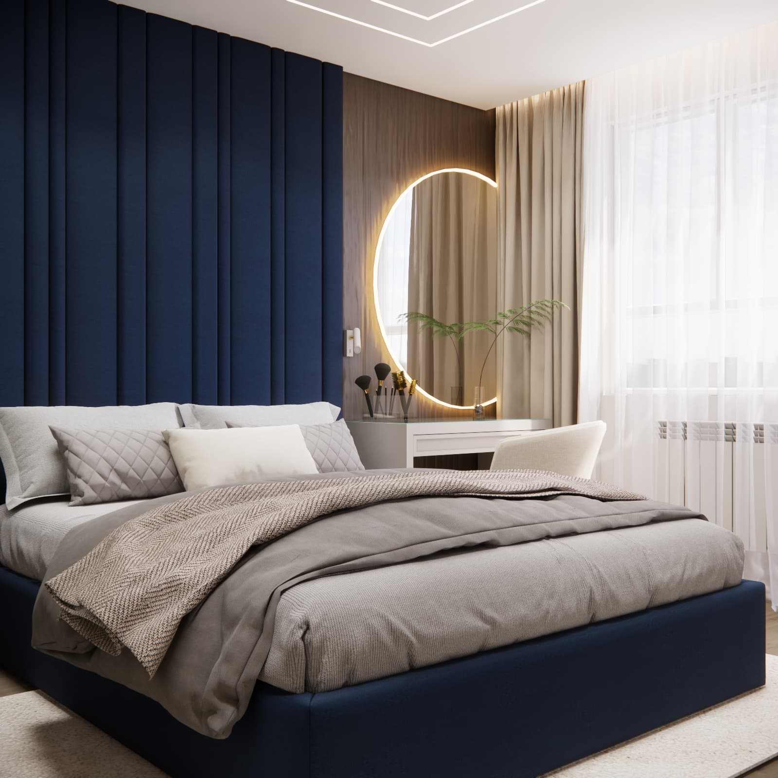 Modern bedroom with a dressing table and large illuminated round mirror
