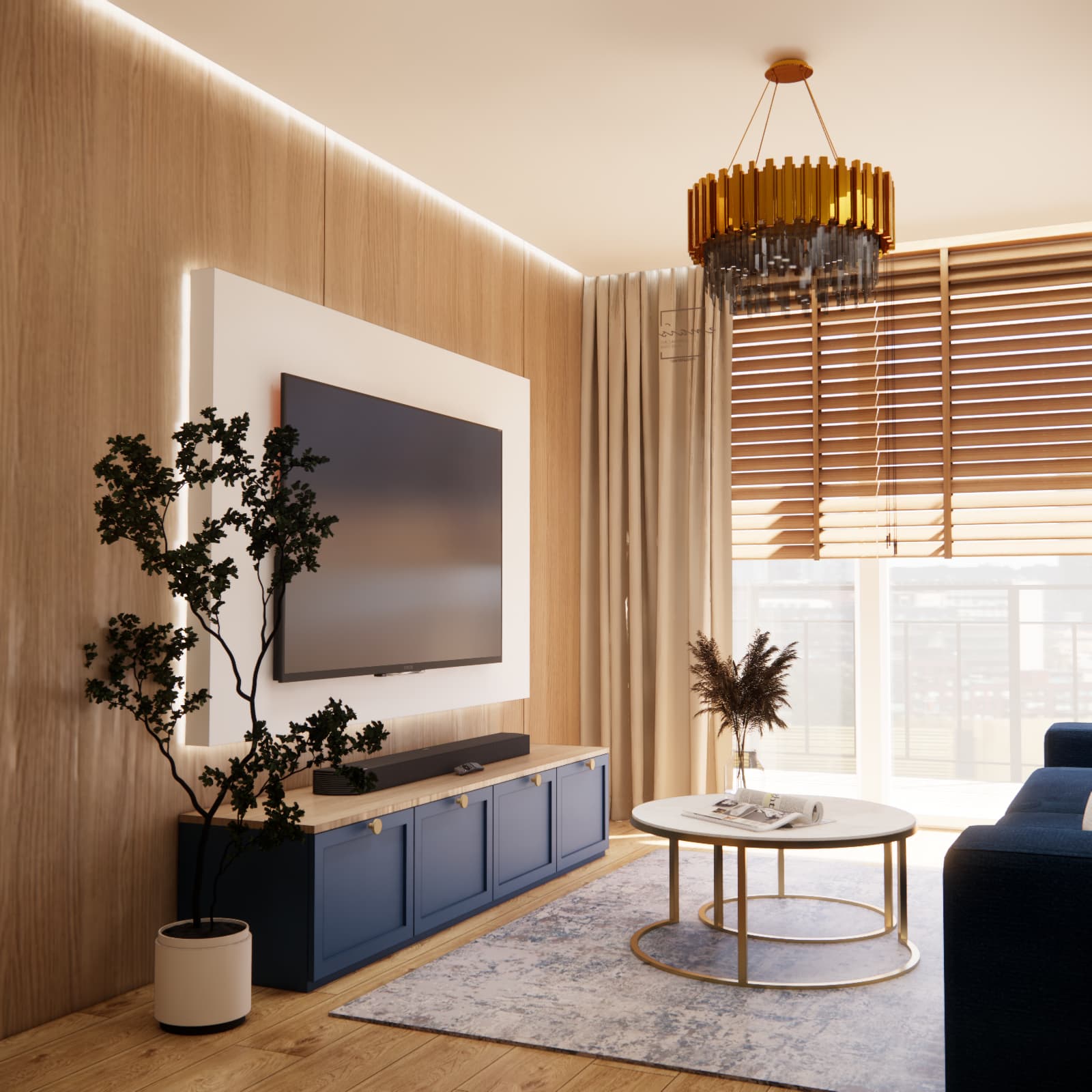 Wooden TV wall with a navy blue cabinet in a modern living room