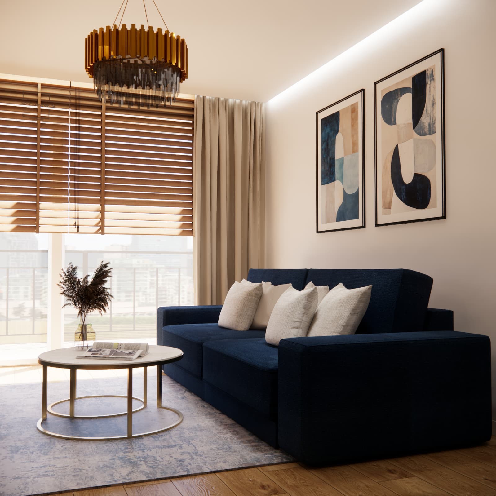 Projekt salonu w mieszkaniu 59 m2 w Kamieńcu Wrocławskim – granatowa sofa, beże i drewno
