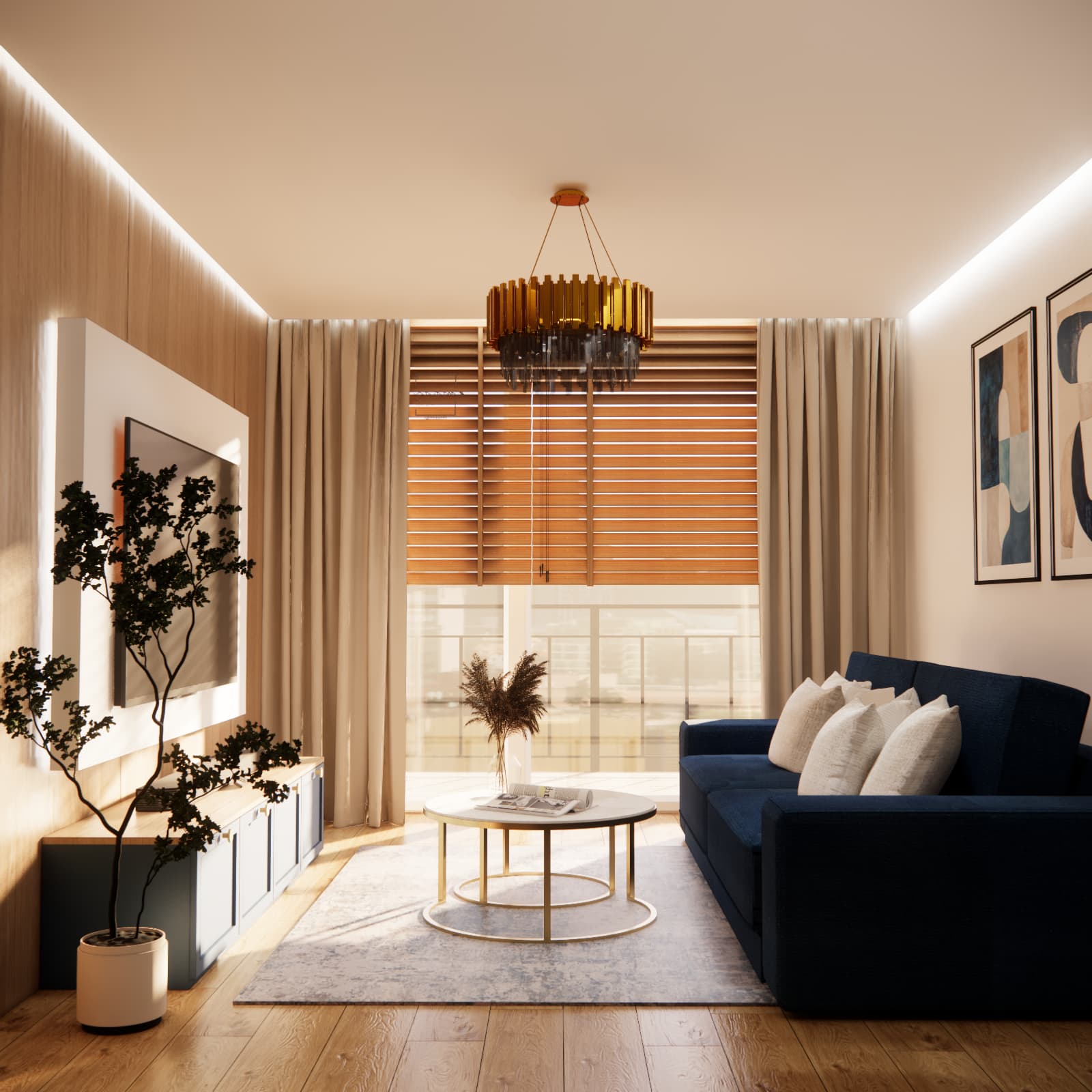 Salon z granatową sofą i drewnianą ścianą RTV w mieszkaniu 59 m2