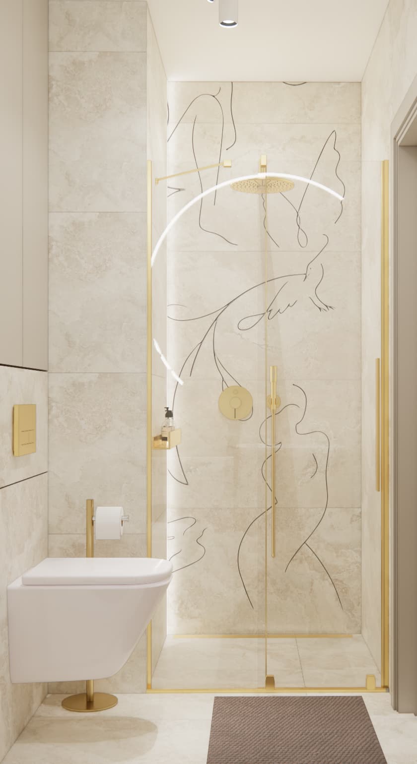 Glass shower enclosure with a gold rainfall showerhead and a decorative bird motif on a beige wall